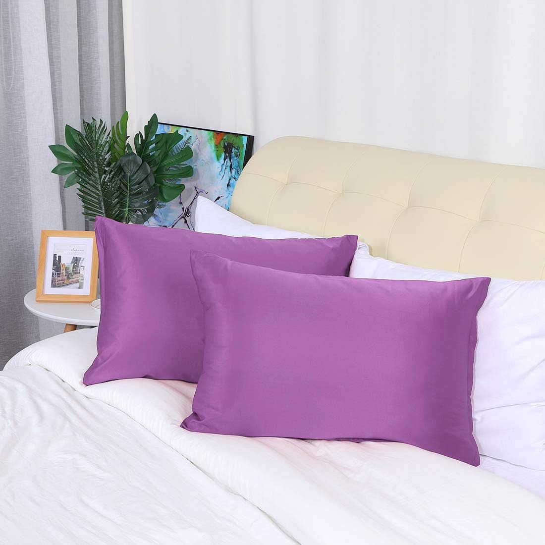 uxcell Queen Satin Pillowcase with Zipper, Super Soft and Luxury, Silky Pillow Cases Covers Set of 2, 21"x31", Purple
