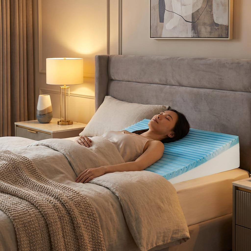 Boyd Sleep Gel Cooling Memory Foam Wedge Pillow – Dual Foam Bed Wedge, 4" Incline, GelLux Ventilation, Acid Reflux & Snoring Relief, 43"…