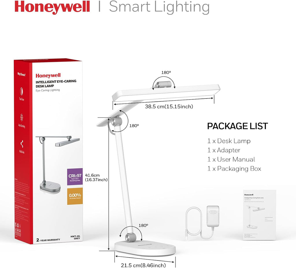 HoneywellAirComfort Honeywell Desk Lamp for Home Office, H4 SunturaluxTM Eye-Caring LED Desk Light, 700LM Dimmable Desk Lamp with Timer, Adj…