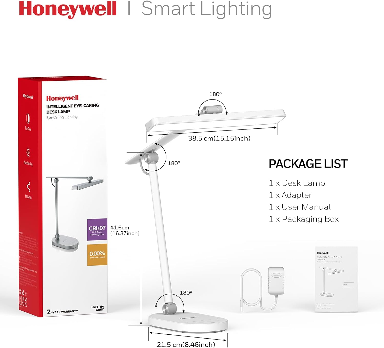 HoneywellAirComfort Honeywell Desk Lamp for Home Office, H4 SunturaluxTM Eye-Caring LED Desk Light, 700LM Dimmable Desk Lamp with Timer, Adj…