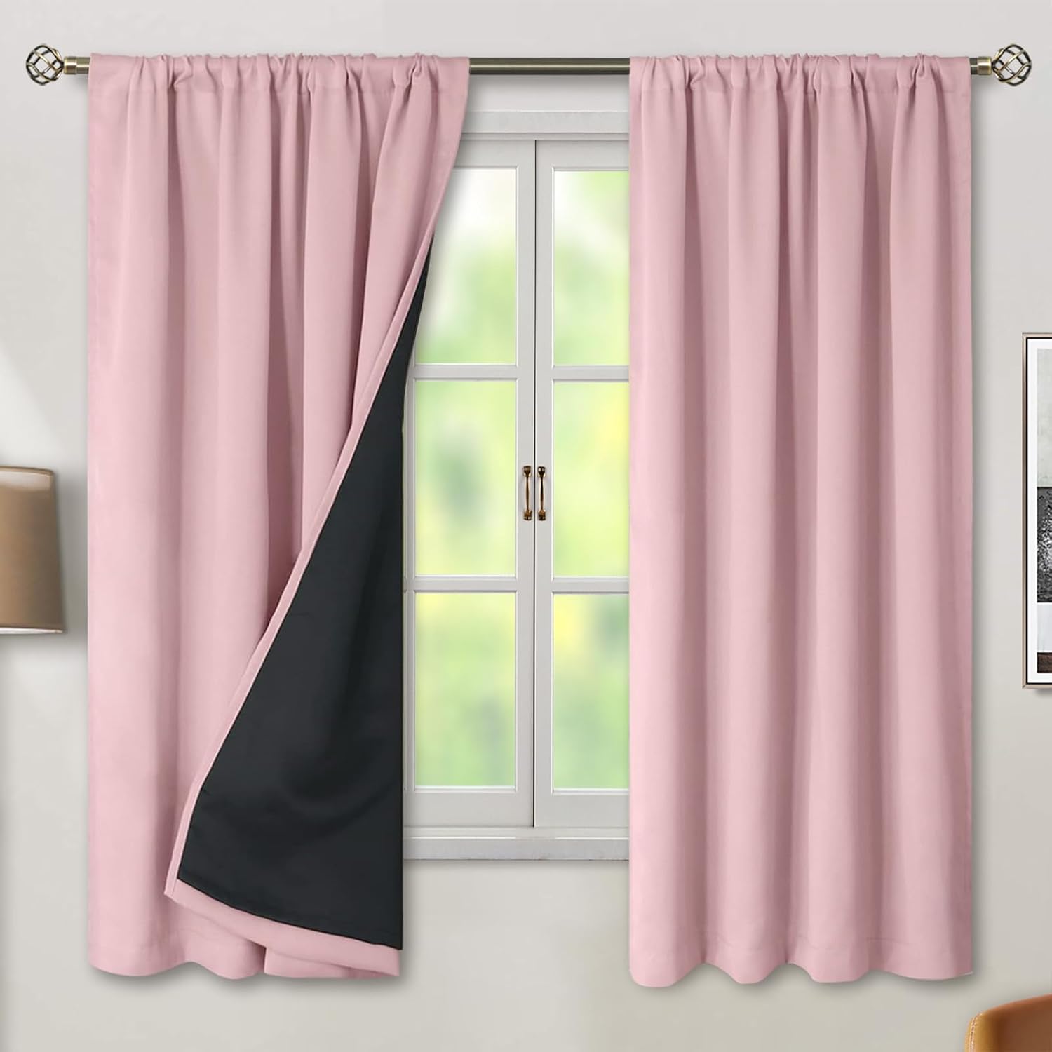 BGment Pink 100% Blackout 63 Inch Curtains 2 Panel Set with Black Liner, Rod Pocket and Back Tab Double Layer Thermal Insulation Room…