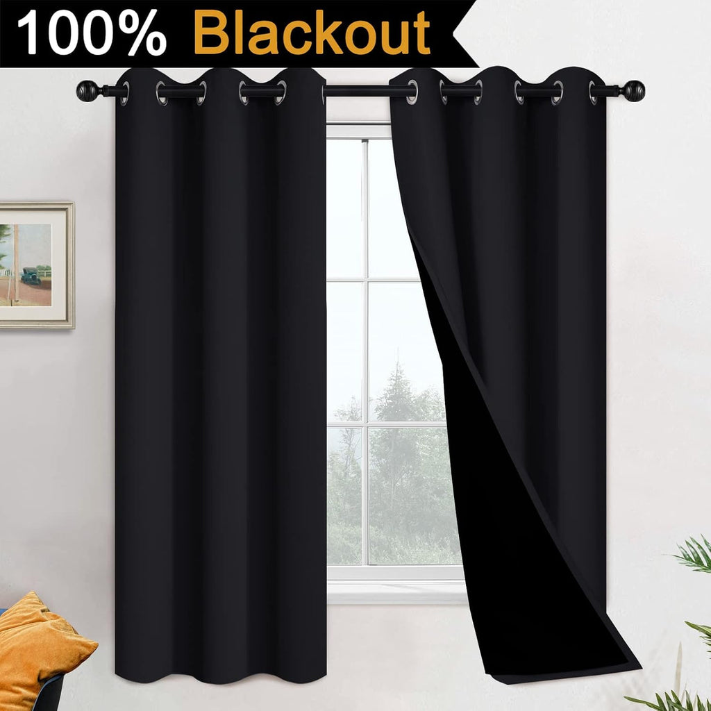 Yakamok 100% Blackout Lined Pair Curtains for Bedroom, Window Treatment Thermal Insulated Noise Blocking Drapes for Living Room(42Wx63L, Bla…