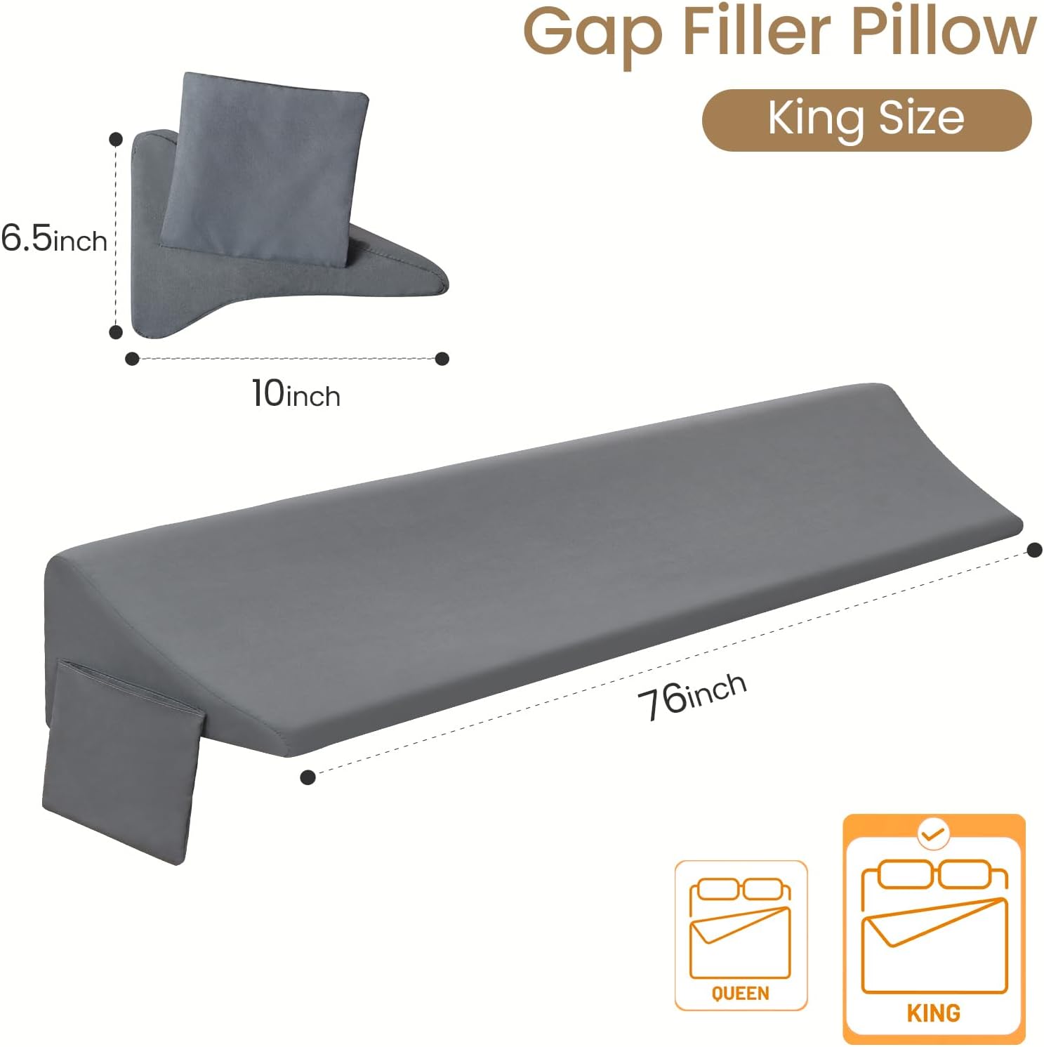 Vekkia King Bed Wedge Pillow for Headboard Gap Filler (0–5.5"), Prevents Pillows & Items from Falling, High-Density Foam Mattress Gap…