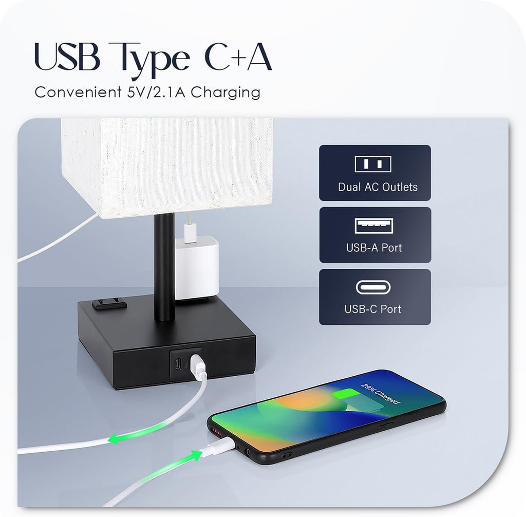 Bedside Table Lamps Set of 2 - Touch Nightstand Lamp for Bedroom with USB C+A Charging Ports & AC Outlets, 3-Way Dimmable Desk Lamp…