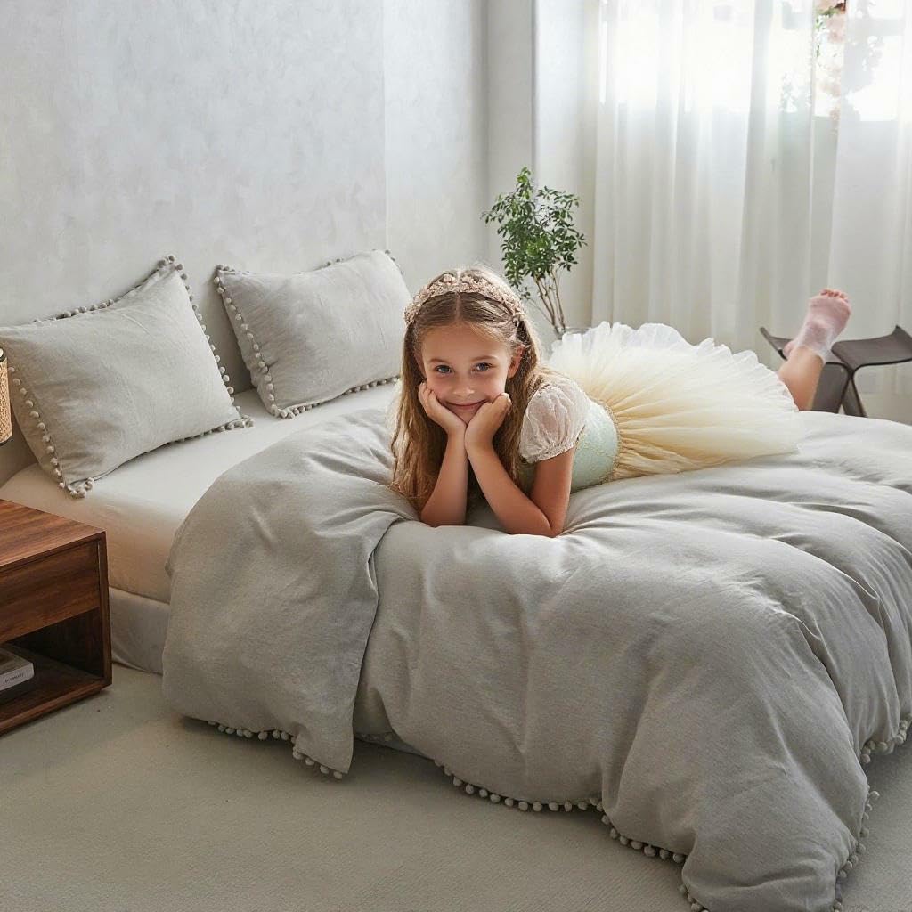Simple&Opulence French Linen Blended Duvet Cover Queen, Flax Viscose Derived from Bamboo Bedding Set with Pom Pom Trim Soft Cooling for…