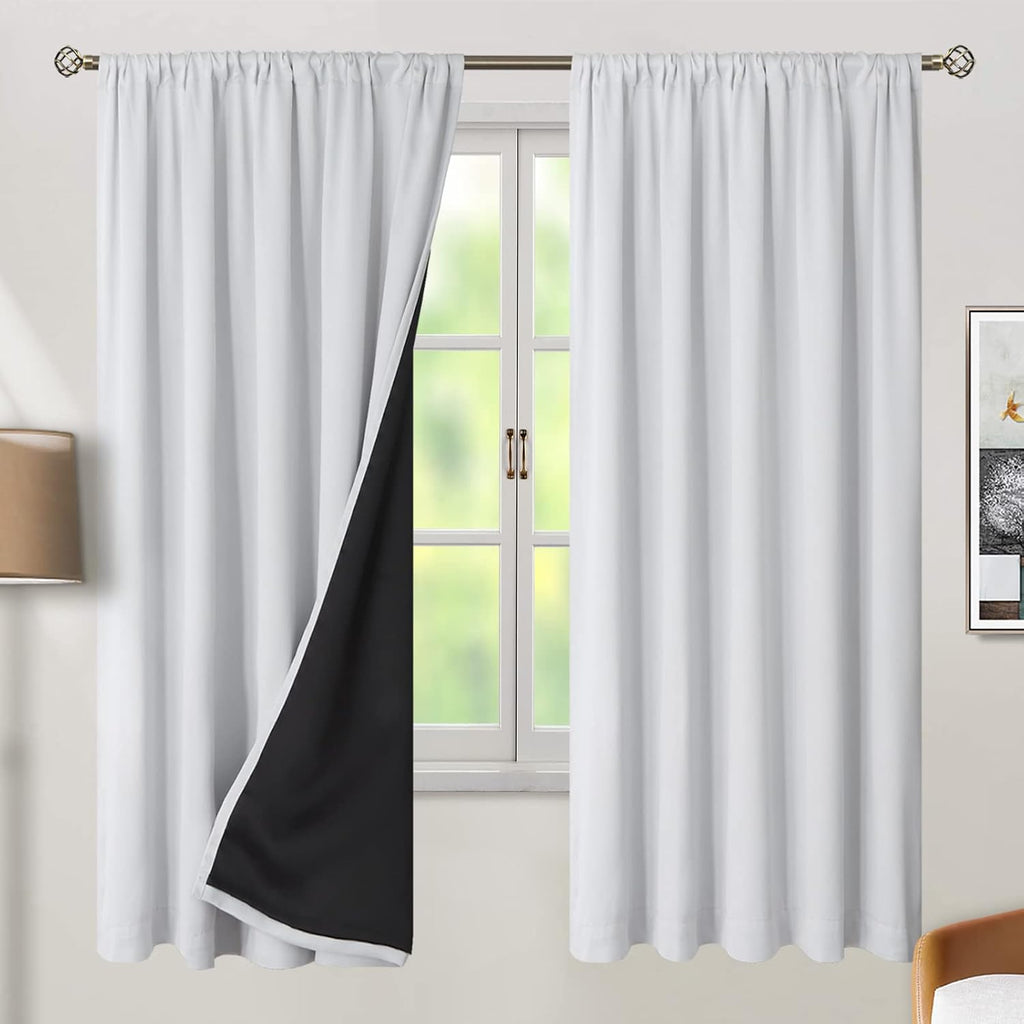 BGment Greyish White 100% Blackout Curtains 72 Inches Long with Black Liner, Rod Pocket and Back Tab Double Layer Room Darkening Thermal…