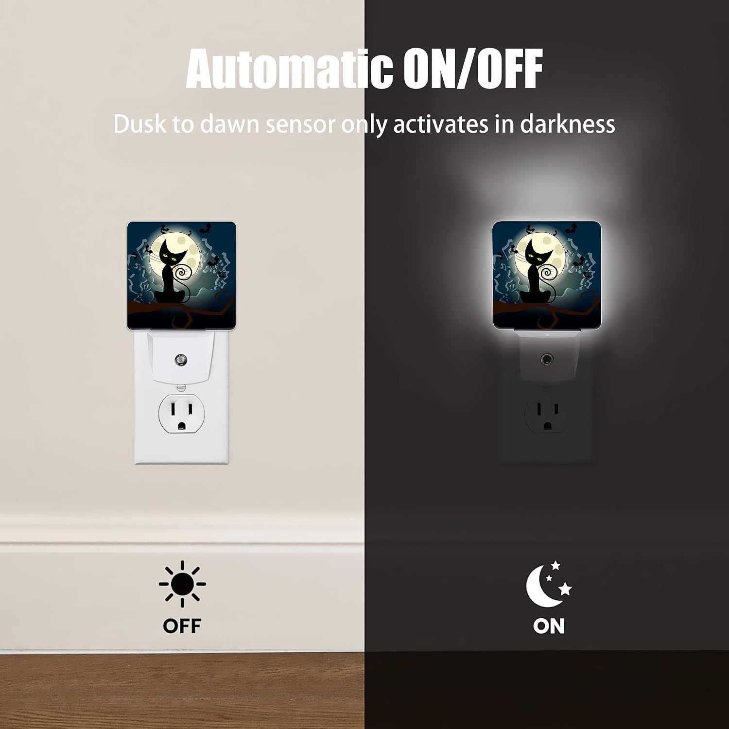 Black Cat Fantasy Halloween Night Light, Full Moon Bats Night Lights Plug into Wall Decorations for Bedroom, Bathroom, Kitchen, Dusk to…