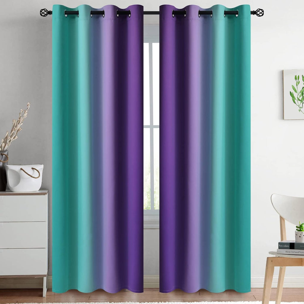 Yakamok Ombre Teal and Purple Curtains for Bedroom, Gradient Room Darkening Curtains 84 inches long, Grommet Thermal Insulated Light Blockin…