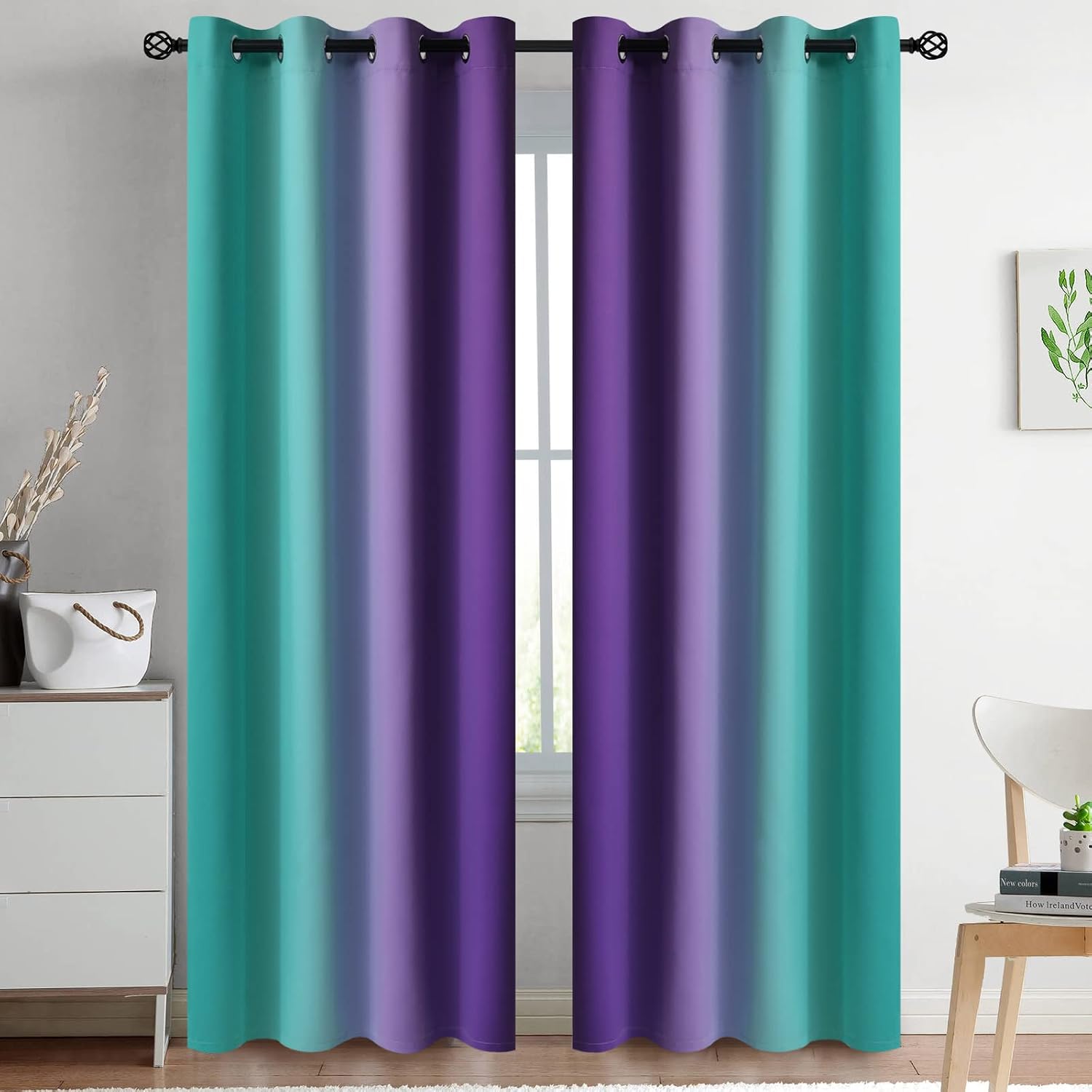 Yakamok Ombre Teal and Purple Curtains for Bedroom, Gradient Room Darkening Curtains 84 inches long, Grommet Thermal Insulated Light Blockin…