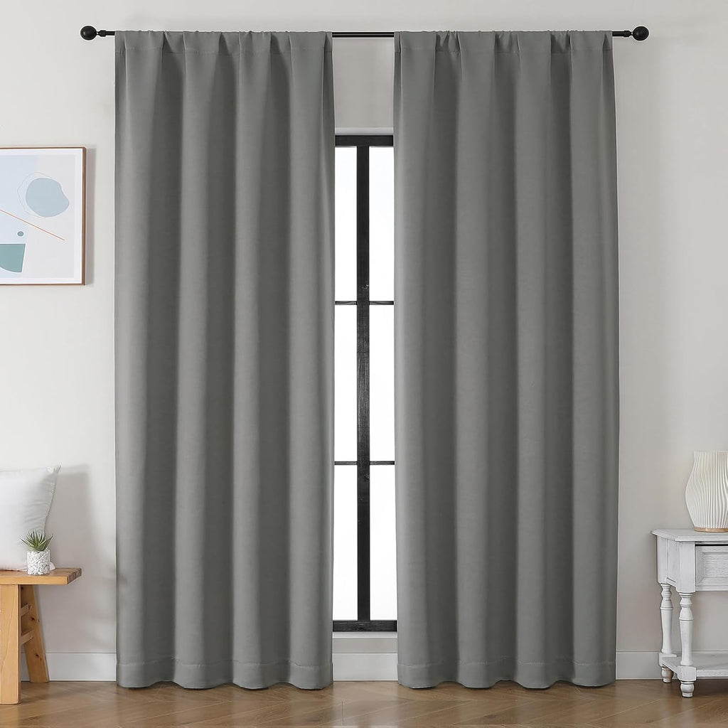 Simplebrand Ava Light Grey Blackout Curtains for Bedroom 90 Inches Long 2 Panels Set, Solid Privacy Energy Saving Living Room Window Treatm…