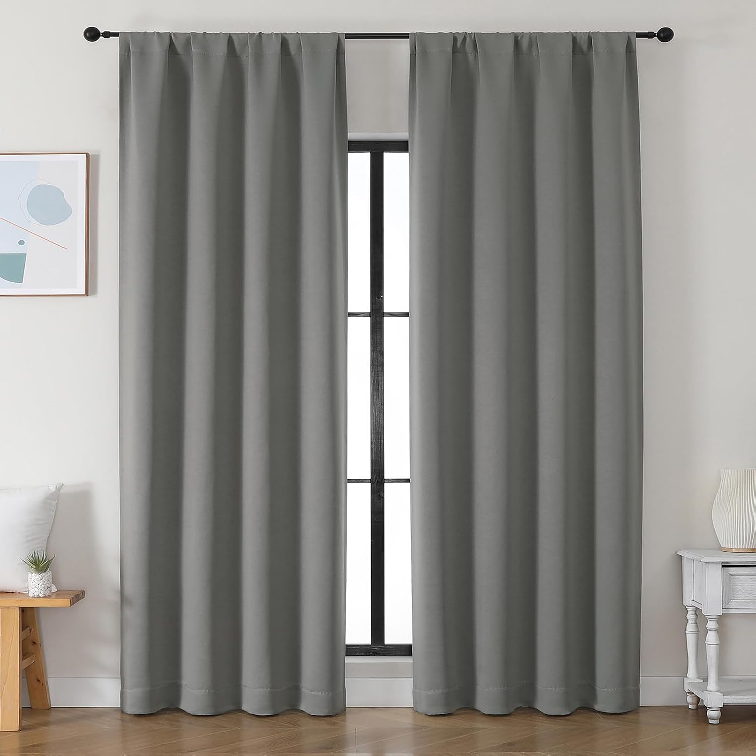 Simplebrand Ava Light Grey Blackout Curtains for Bedroom 90 Inches Long 2 Panels Set, Solid Privacy Energy Saving Living Room Window Treatm…