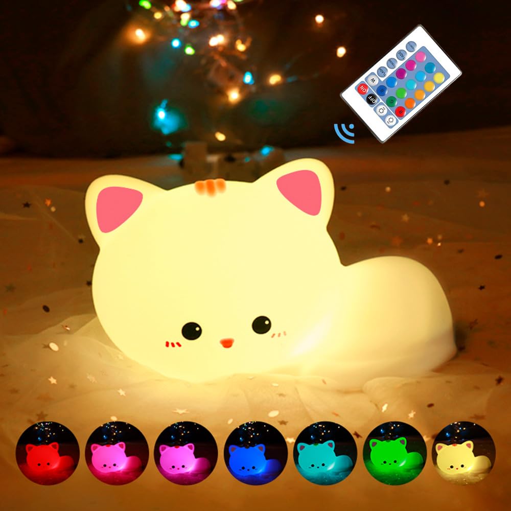 Myratts Led Cute Cat Night Light, 16 Colors Dimmable Nursery Kawaii Nightlight, Super Squishy Silicone USB Rechargeable Remote Control Nigh…