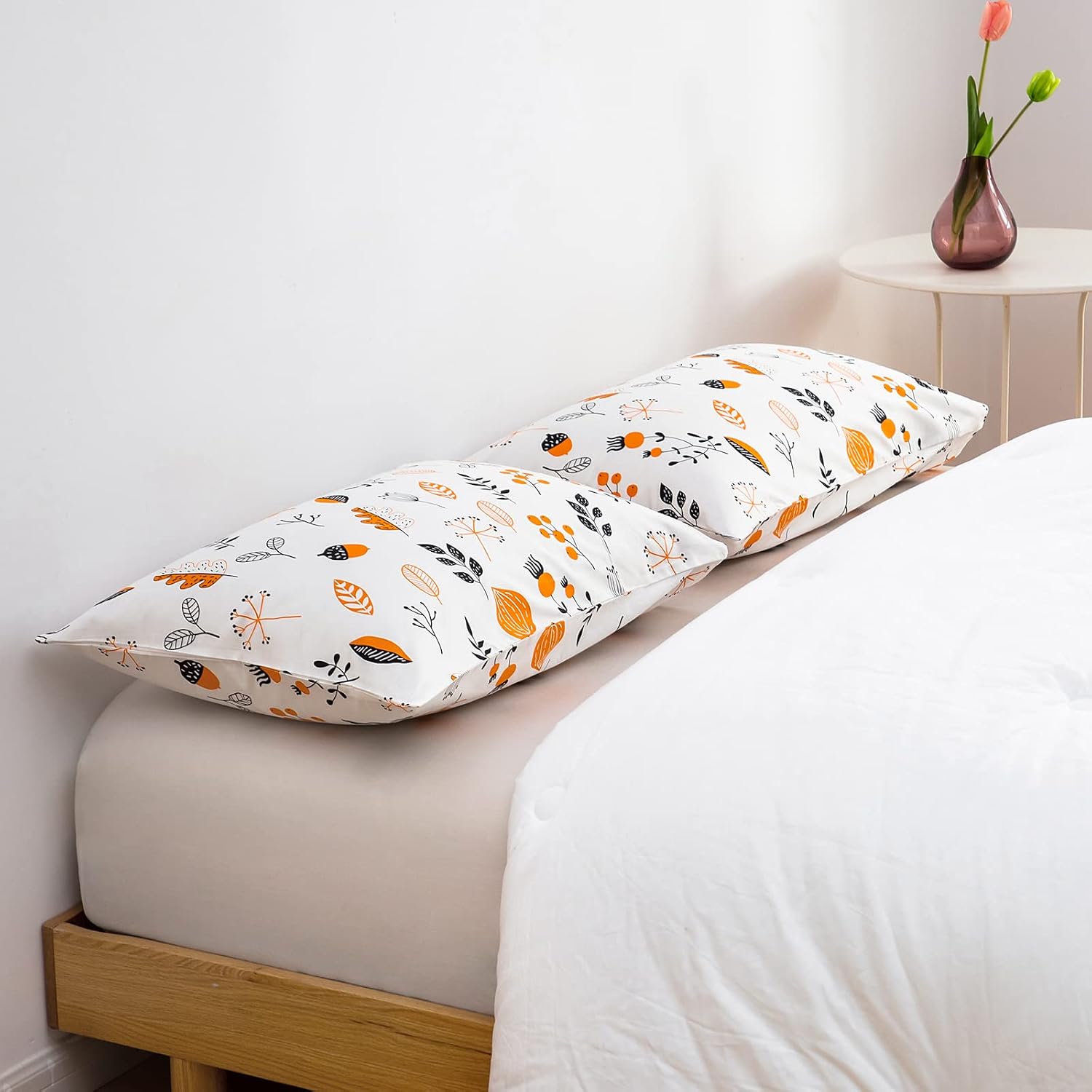 YuHeGuoJi Floral Pillow Cases Set of 2 Queen 100% Cotton Orange White Pillow Covers Decorative Botanical Pillow Encasement Fall Winter Flow…