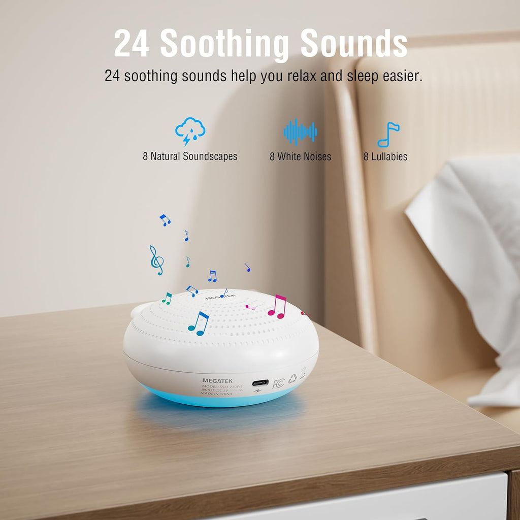 MEGATEK Sleep Sound Machine, 24 Soothing Sounds, 9 Color Dimmable Night Light, Bluetooth & 180s Voice Recording, 2000mAh Rechargeable…