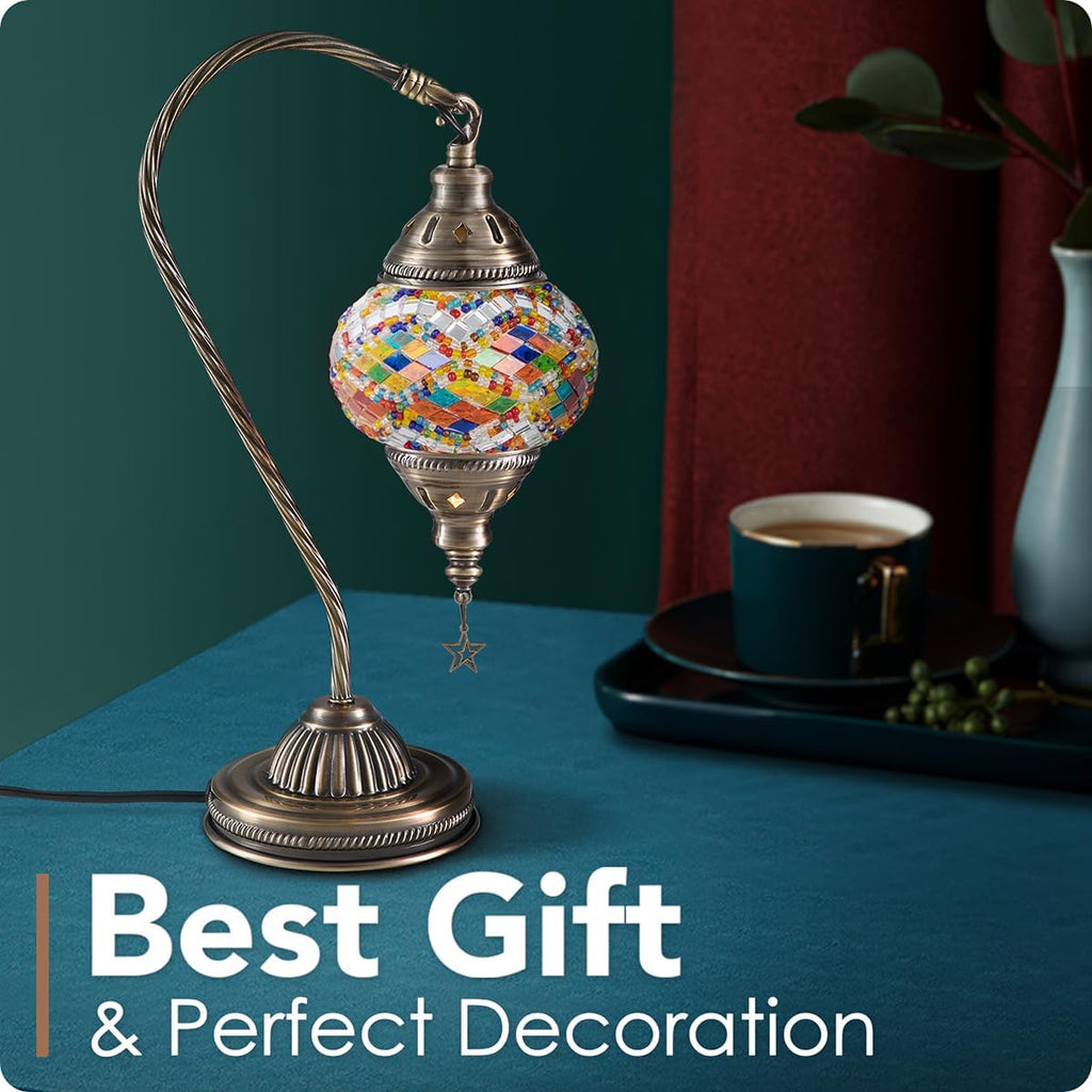 Yarra-Decor Turkish Moroccan Lamp with Bronze Base 3-Way Color Changing Handmade Swan Neck Tiffany Mosaic Glass Bedside Lamps for Bedroom…