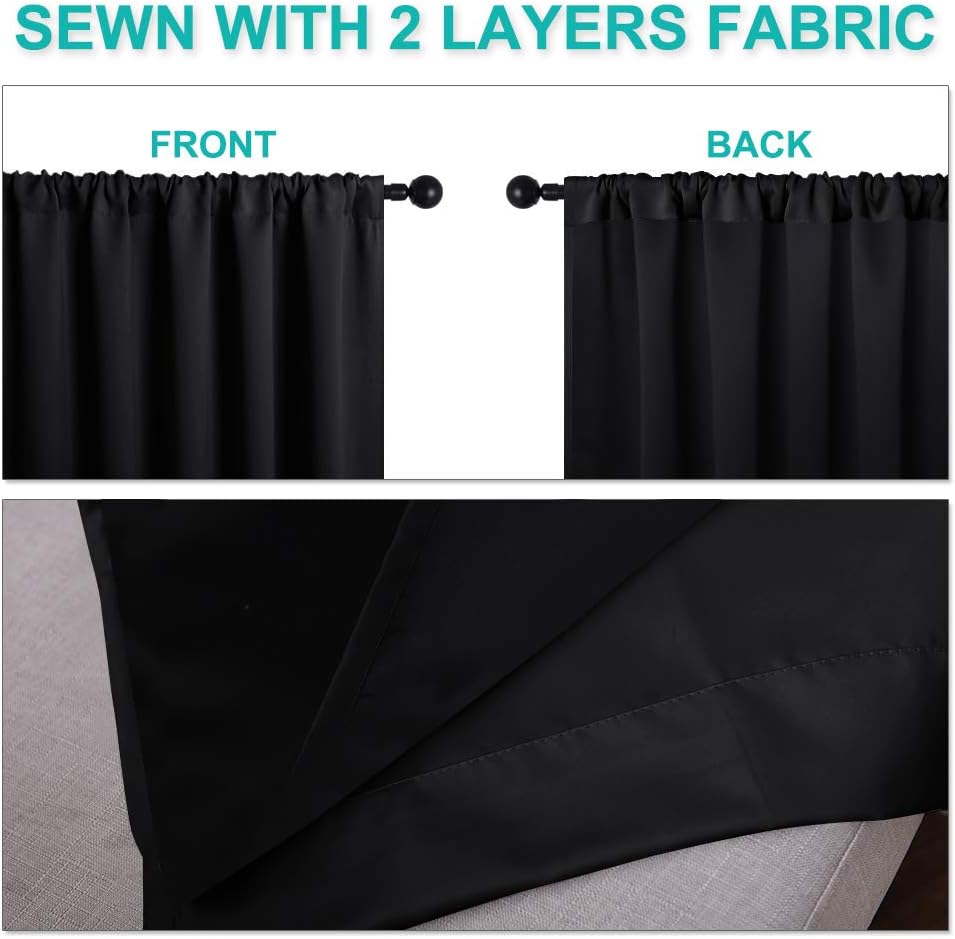 Nicetown Black 100% Blackout Curtains 45 inches Long for Kitchen, Rod Pocket Basement Completely Blackout Window Treatment Thermal Insulate…