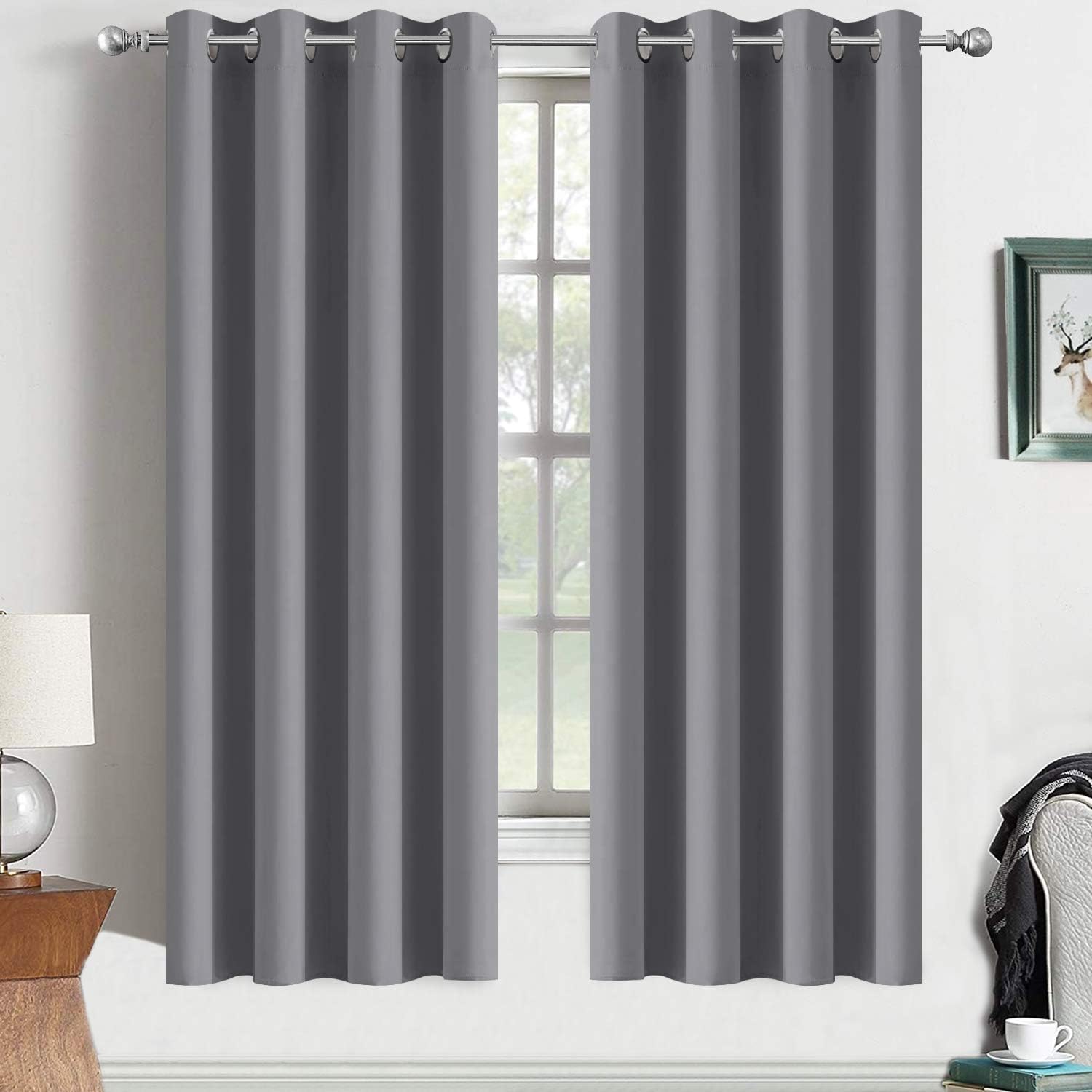 Yakamok Room Darkening Curtains Thermal Insulated Gray Blackout Curtain Panels Solid Grommet Top Window Drapes for Bedroom Living Room…