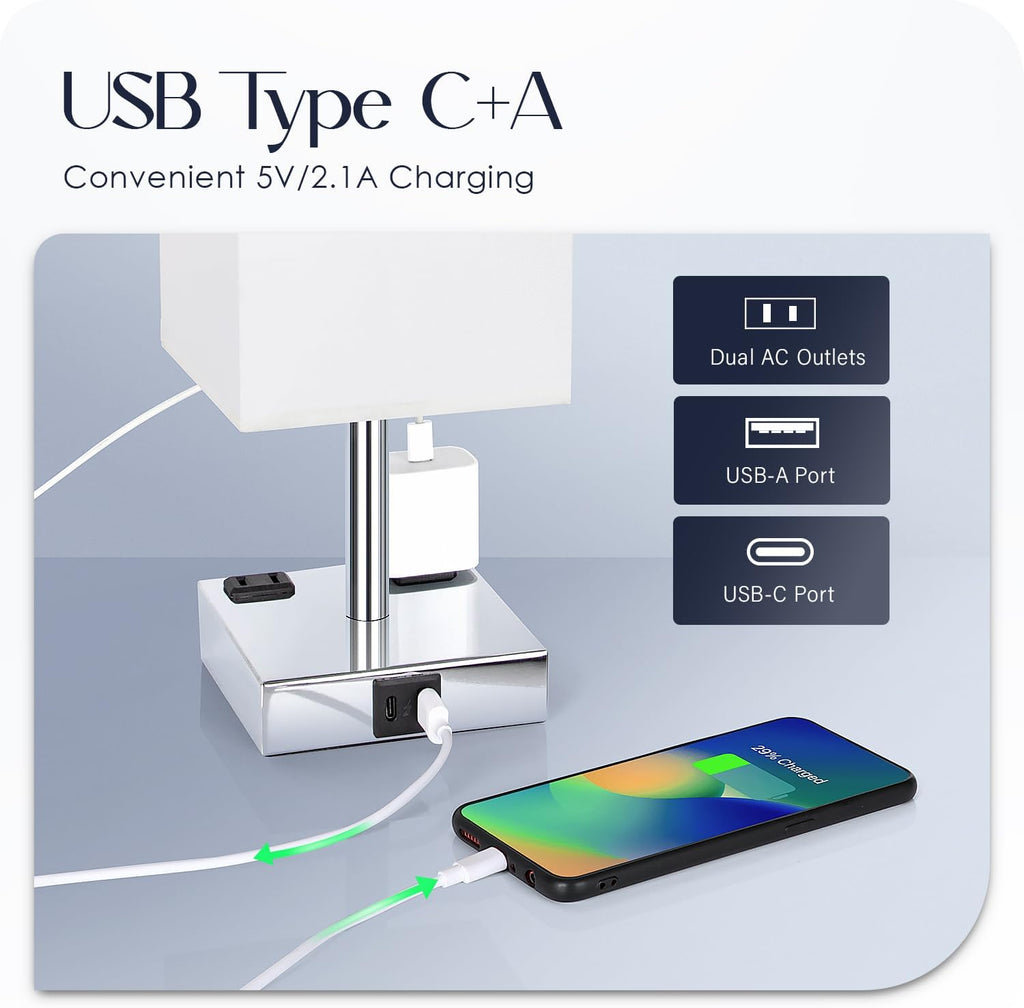 Set of 2 Bedside Table Lamp 3 Way Dimmable Nightstand Lamp with USB C & USB A Charging Port, 2 AC Outlets, 3000K LED Bulbs (White)