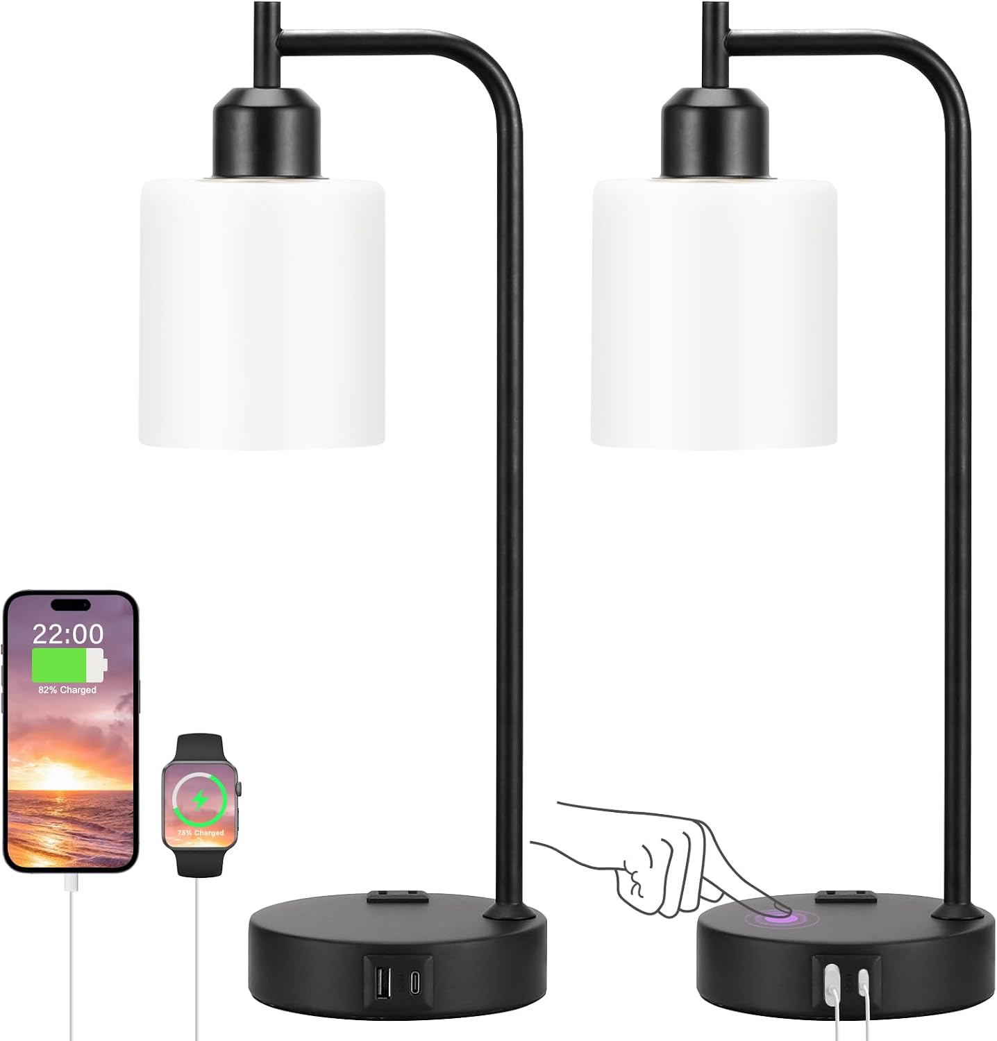 Industrial Touch Bedside Lamps for Bedrooms Set of 2 - 3-Way Dimmable Nightstand Lamps with USB C+A Ports and Outlet, Table Lamps with…