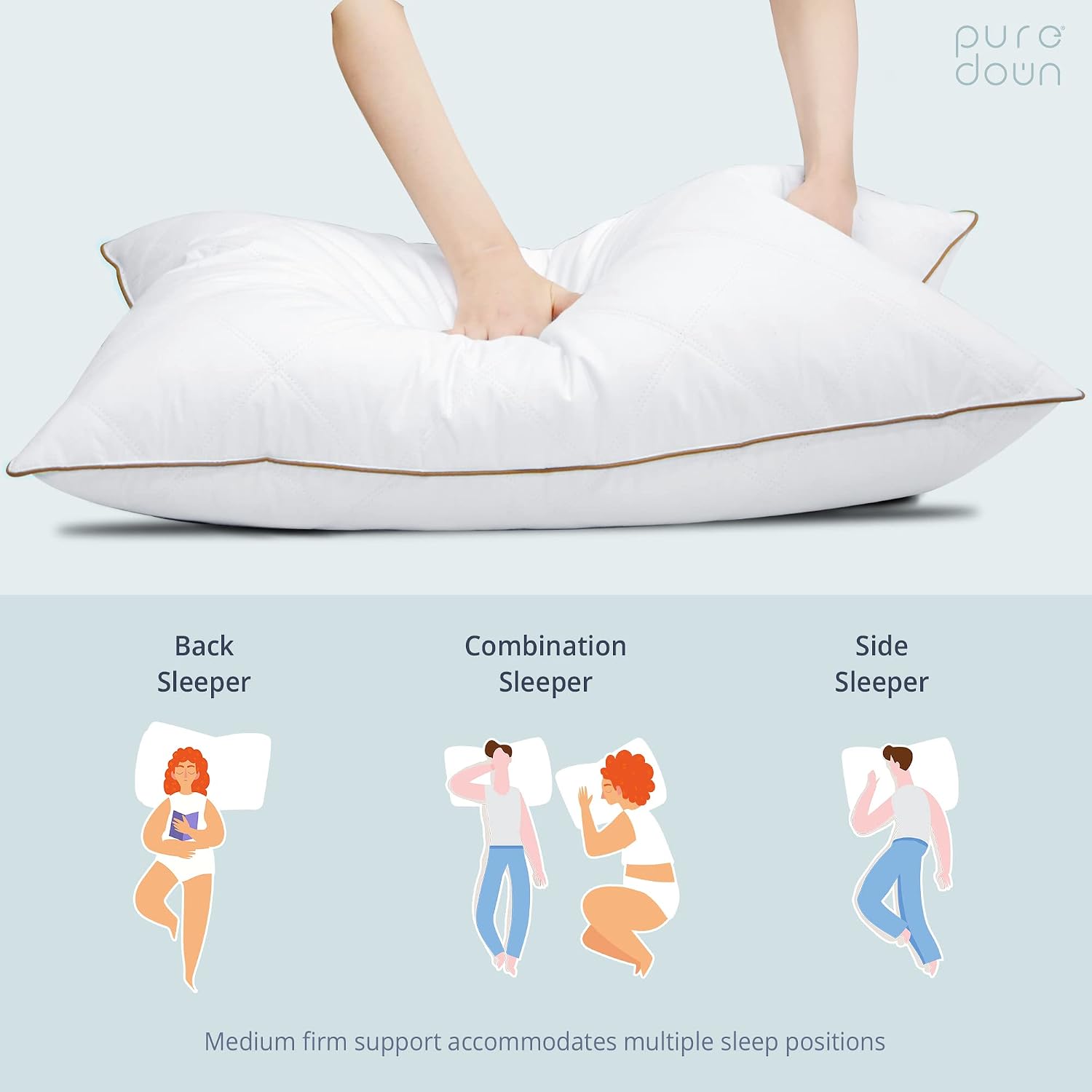 puredown® Goose Feathers and Down Pillow with Diamond Quilting with 100% Cotton Cover, Pack of 2, Queen Size