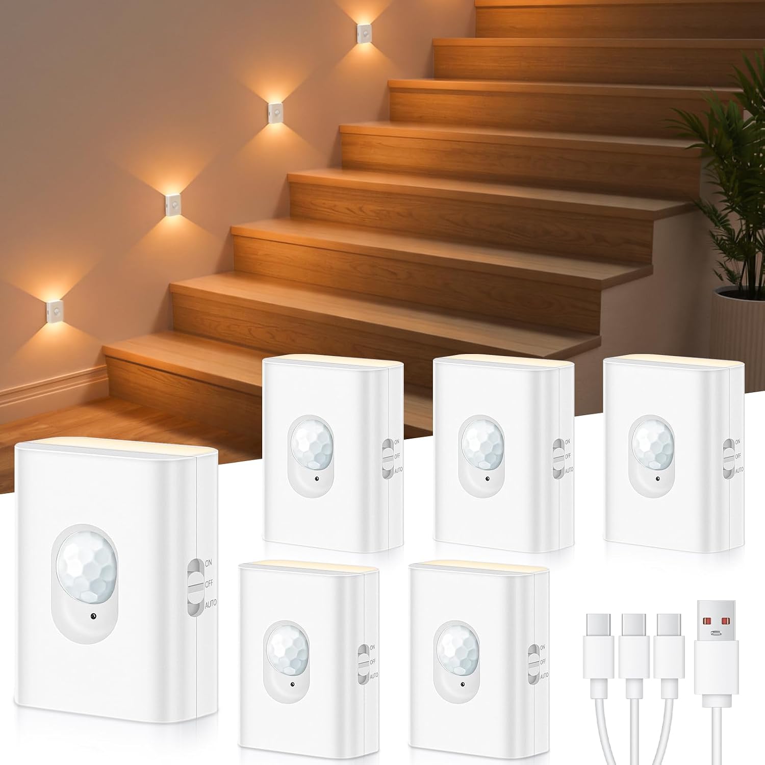 WILLED Rechargeable Motion Sensor Stair Lights Indoor, Warm White Magnetic Stick-on Battery Powered Night Lights for Stairway, Hallway…