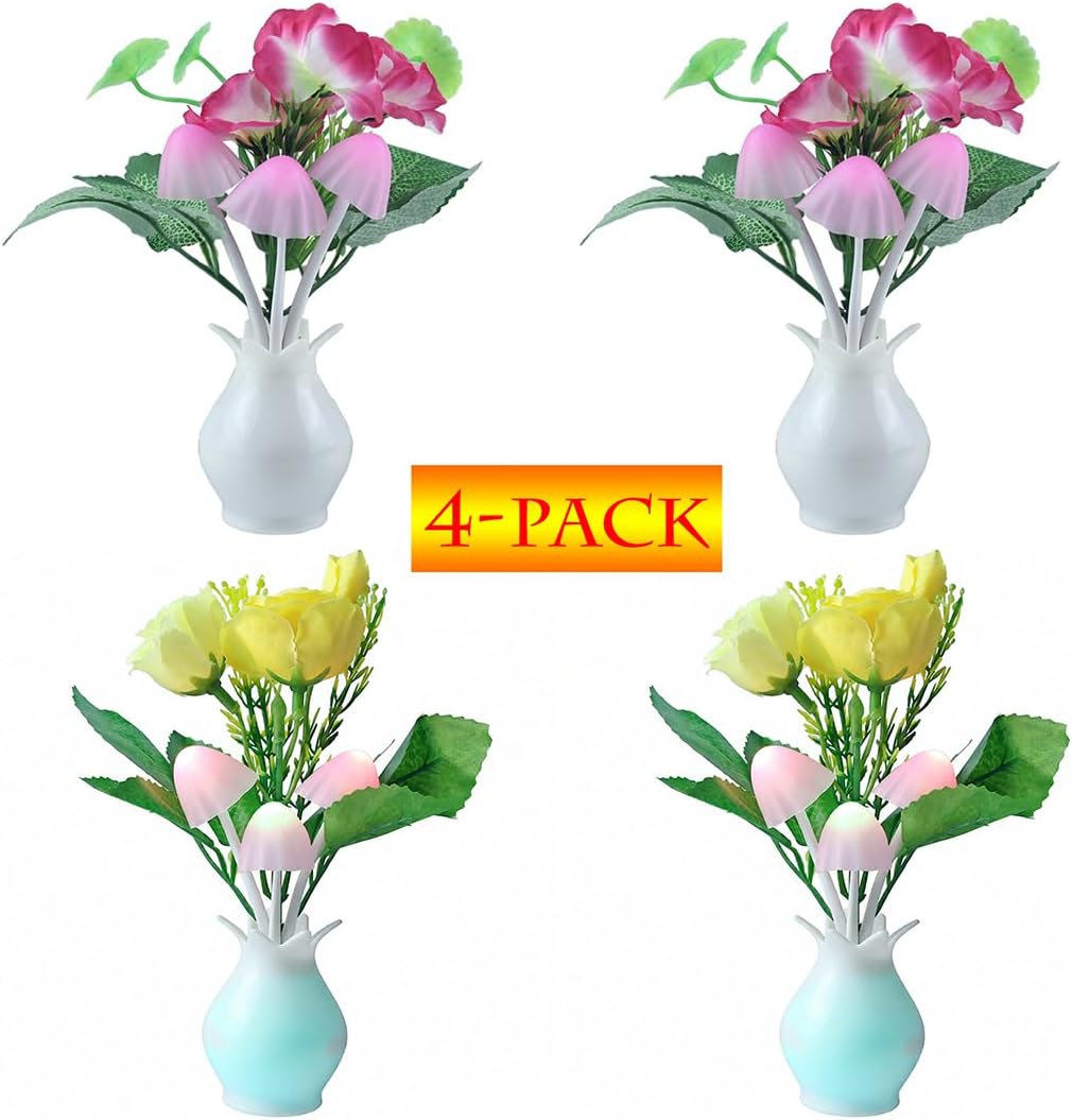 4 Pack Mushroom Night Light, Plum Blossom Rose Flowers Plants Plug-in Mushrooms Colors Changing Nightlight Colorful LED Wall Lamp Little…