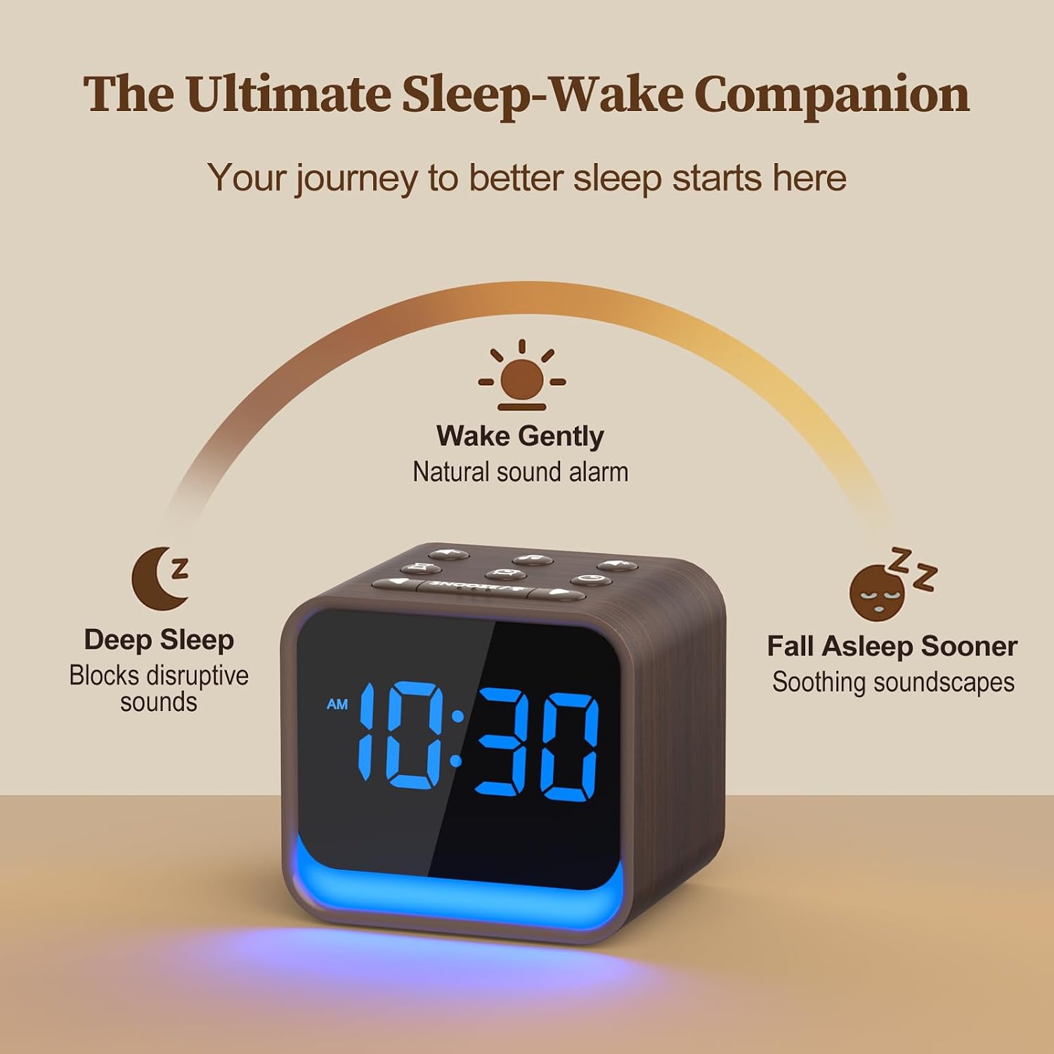 Housbay Wooden Sound Machine Alarm Clock for Bedrooms - Gentle Wake-Up with Birdsong, White Noise for Sleeping, Small Digital Clock for…