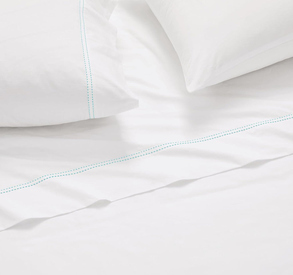 Scout 100% Cotton 200 Thread Count Percale Pick Stitch White/Seafoam 3-Piece Twin XL Sheet Set, Solid Themed, Adult Bedding, Oeko-TEX Certi…
