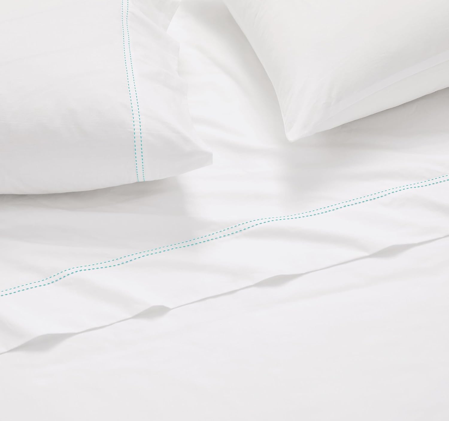 Scout 100% Cotton 200 Thread Count Percale Pick Stitch White/Seafoam 4-Piece Full Sheet Set, Solid Themed, Adult Bedding, Oeko-TEX Certifie…