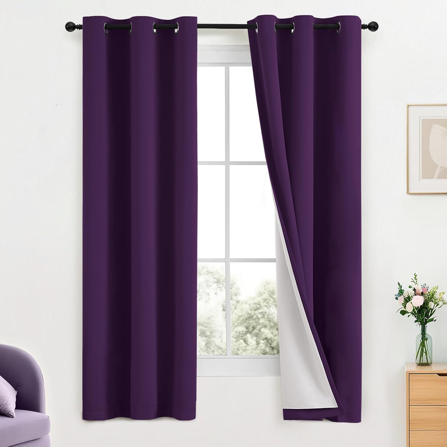 Yakamok Room Darkening 100% Blackout Curtains Grommet Window Treatments with 2 Thick Layers-Purple Thermal Insulated Drapes Set of 2 Panels…