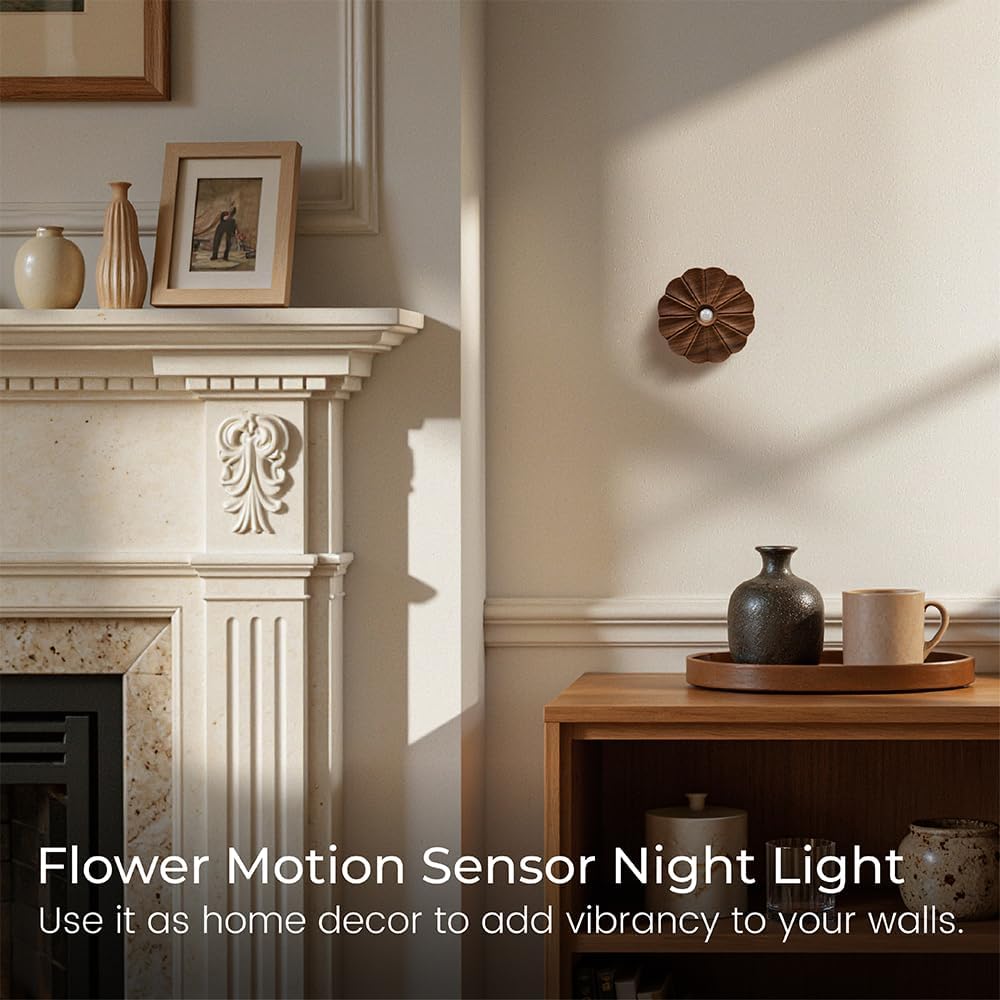 Motion Sensor Night Light Wooden Carved Flower USB Rechargeable Stick-On Step Lights Magnetic Mini Wall Lights for Hallway Bedroom Living…