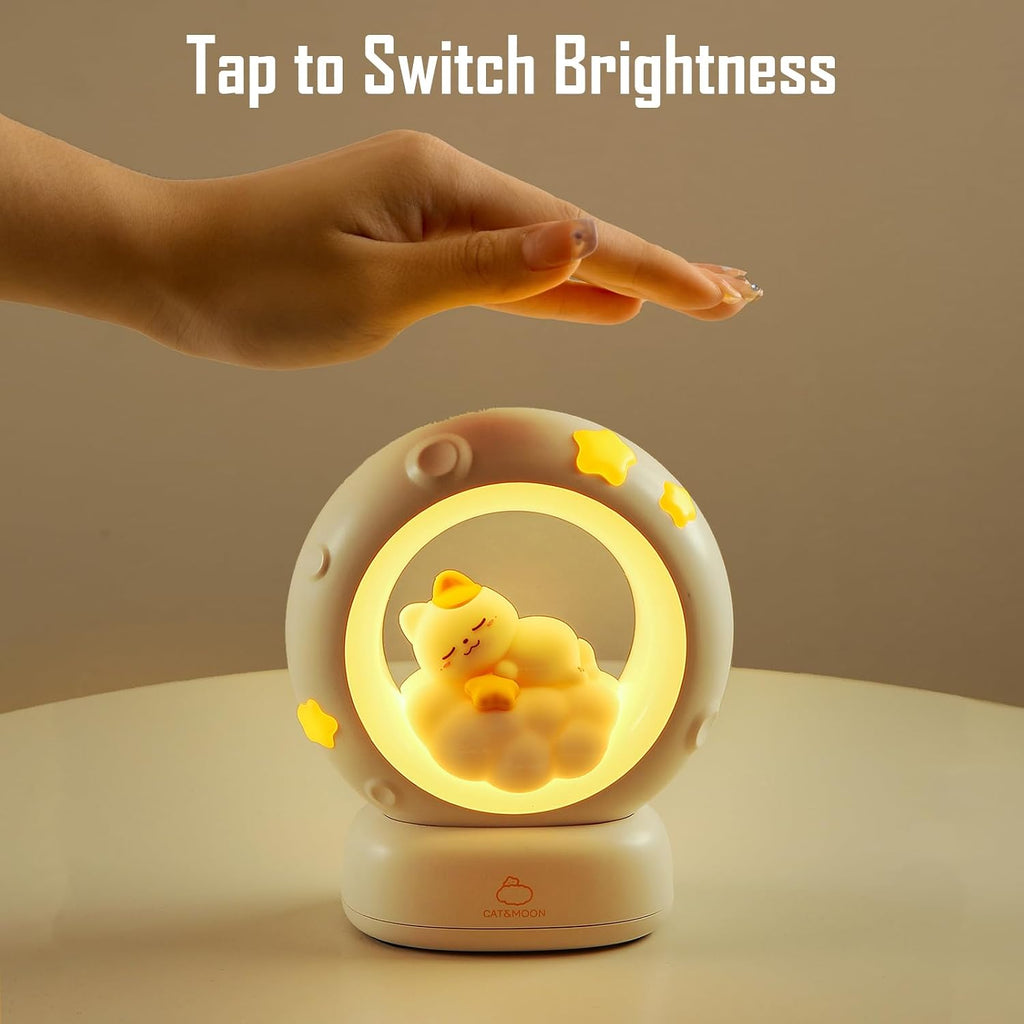 Moon and Cat Rechargeable Night Light, Safe PVC and ABS Material, 3 Brightness Levels, Tap Control, Warm Light, Toddler Sleeping Lamp…