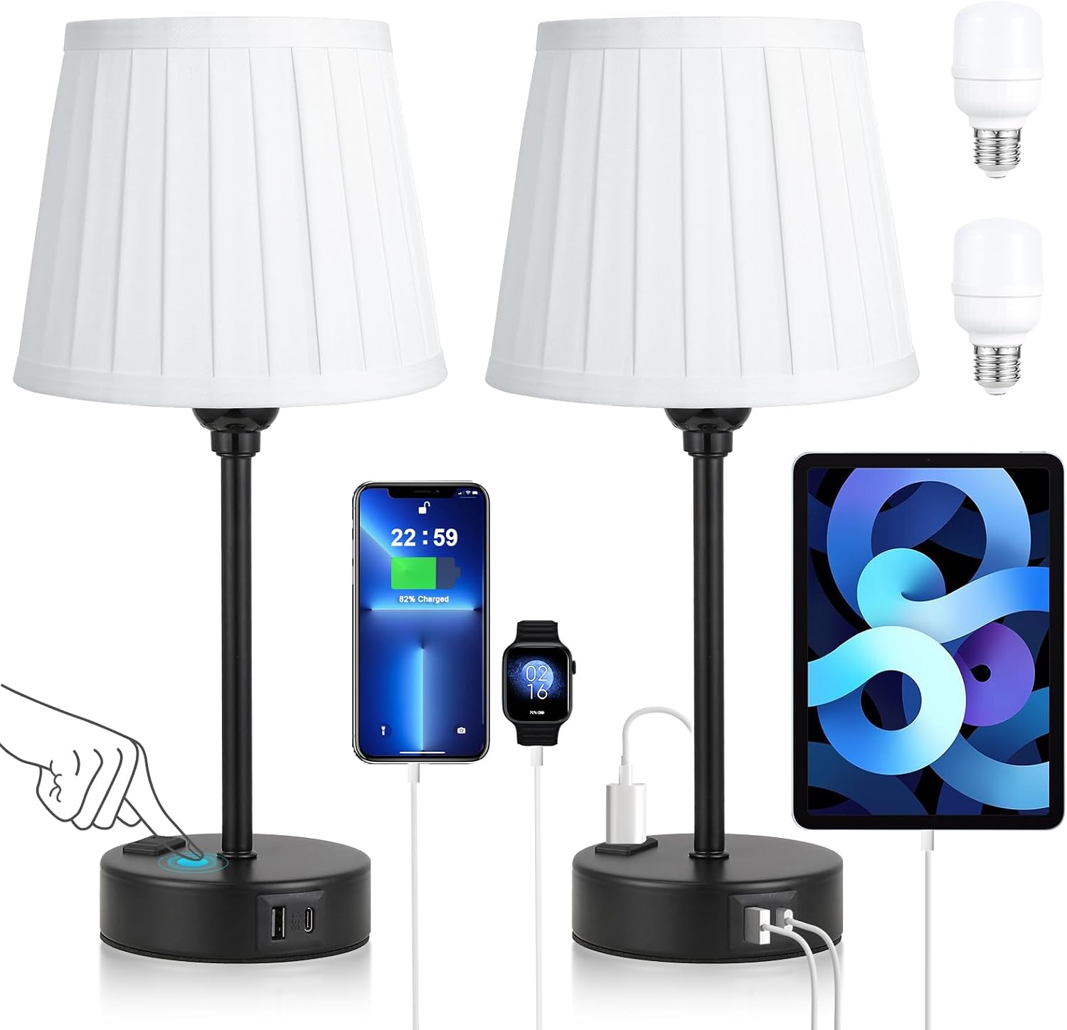 White Bedside Lamps for bedrooms Set of 2 - White Pleated Lamp Shade with USB Charging Ports, Touch Lamps for Nighstand, Night Stand Lamp…