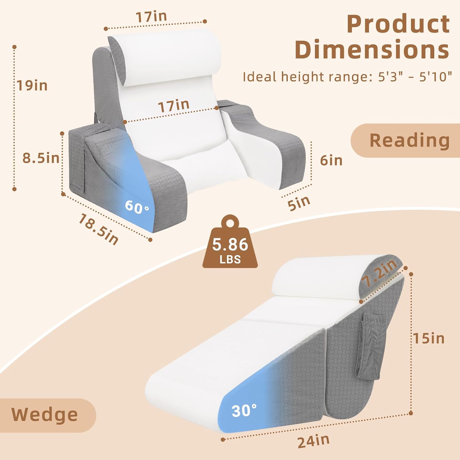 Esuerdo 5PCS Reading Pillow for Sitting in Bed Adult, 2 in 1 Foldable Back Wedge Pillow for Sleep, Ergonomic Back Support Pillow with Arms…