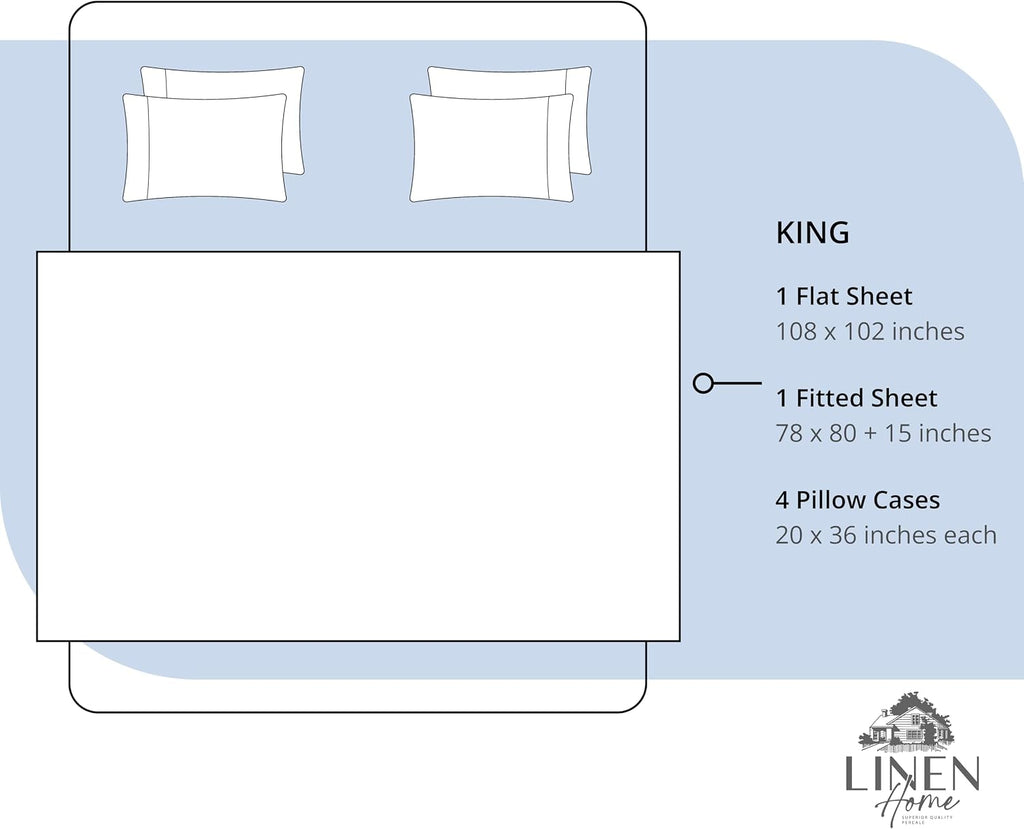 Linenhome Linen Home 6 Piece King Cotton Sheet Set, 100% Cotton Percale, 4 Pillowcases, Deep Pocket with All Around Elastic Sheet, Crisp Br…