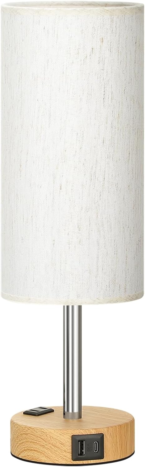 Fenmzee Bedside Table Lamp for Bedroom - 3 Way Dimmable Touch Lamp USB C Charging Ports and AC Outlet, Small Lamp Wood Base Round Flaxen…