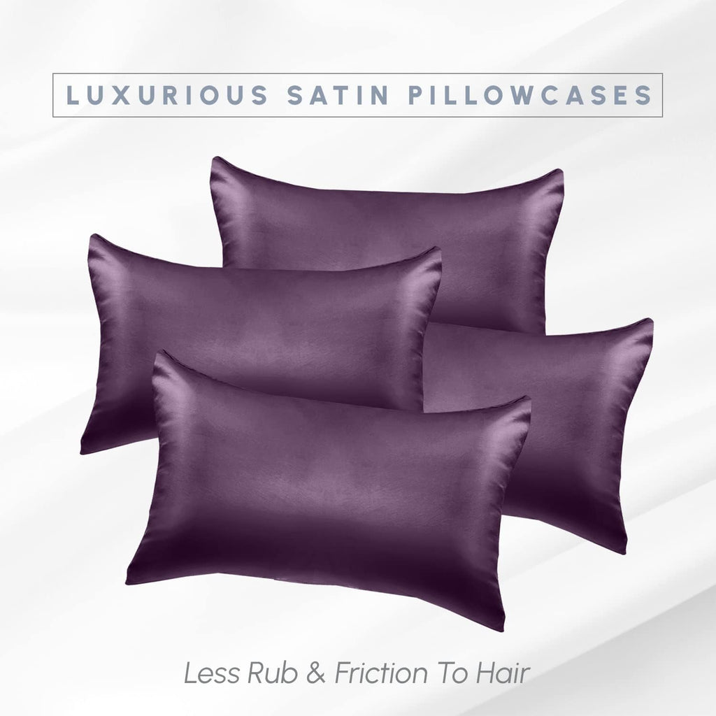 Elegantcomfort Elegant Comfort 4-PACK Purple Satin Pillowcase Set with Hidden Zipper closure, Silky Smooth for Hair and fabric comfort…