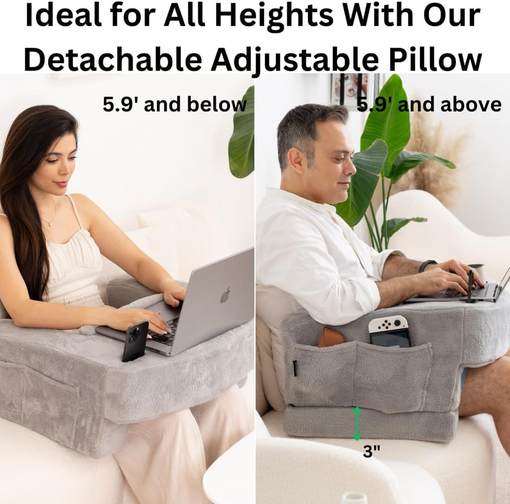 Reading Pillow for Gaming – Extra Large Lap Desk & Arm Rest with Cup & Phone Holder, Adjustable Heights, Laptop Support, Large Pockets –…