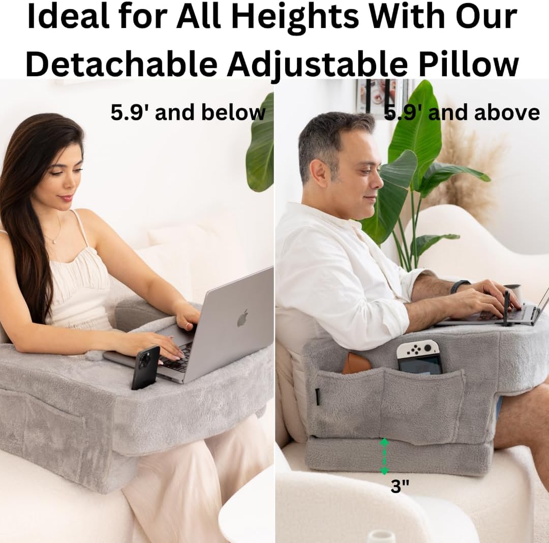 Reading Pillow for Gaming – Extra Large Lap Desk & Arm Rest with Cup & Phone Holder, Adjustable Heights, Laptop Support, Large Pockets –…
