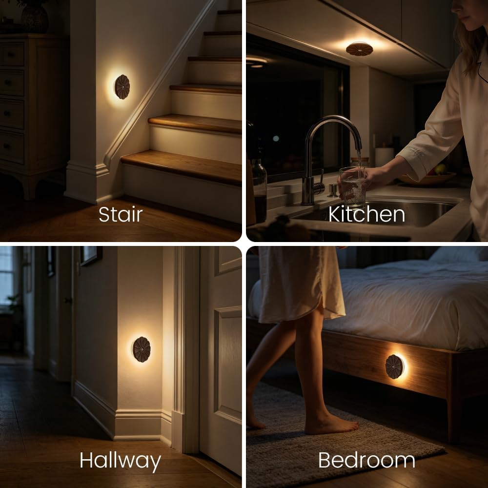 Motion Sensor Night Light Wooden Carved Flower USB Rechargeable Stick-On Step Lights Magnetic Mini Wall Lights for Hallway Bedroom Living…