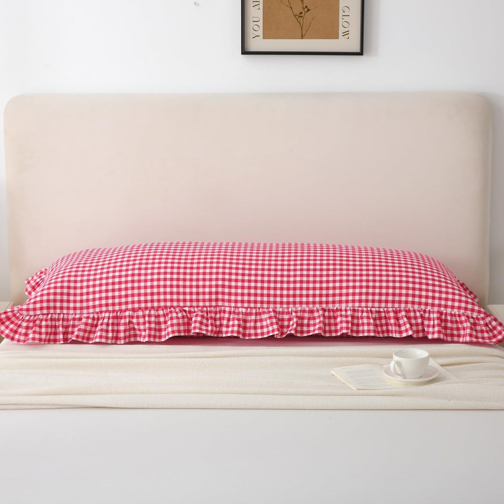 Silnuo Gingham Ruffle Body Pillow Cover, Washed Cotton Red/White Plaid Checkered Long Pillowcase Vintage Pillow Sham-20" x 54" Cotton Red