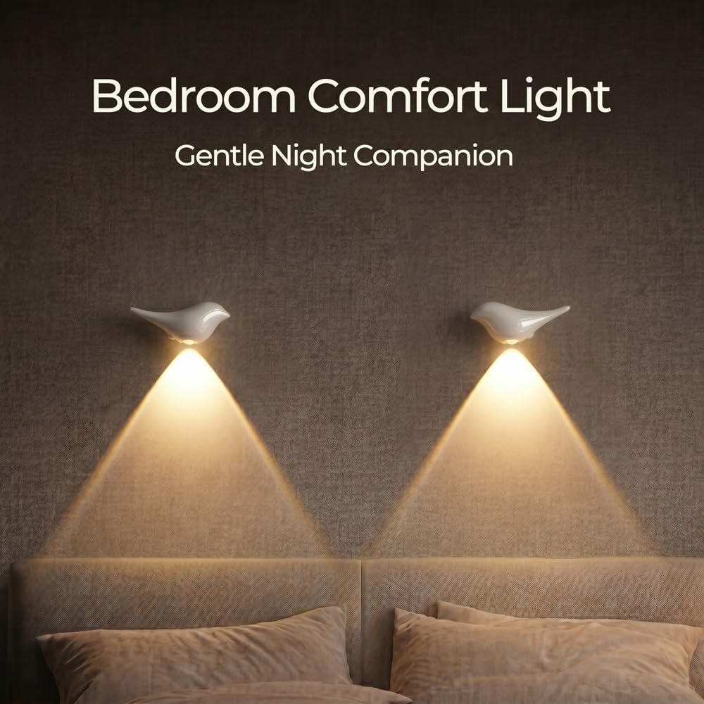 White Motion Sensor Night Light Indoor, Magnetic Wall Lamp, Rechargeable LED Bird Lamp, Wireless Stick On Light with Warm Soft Glow, Auto…