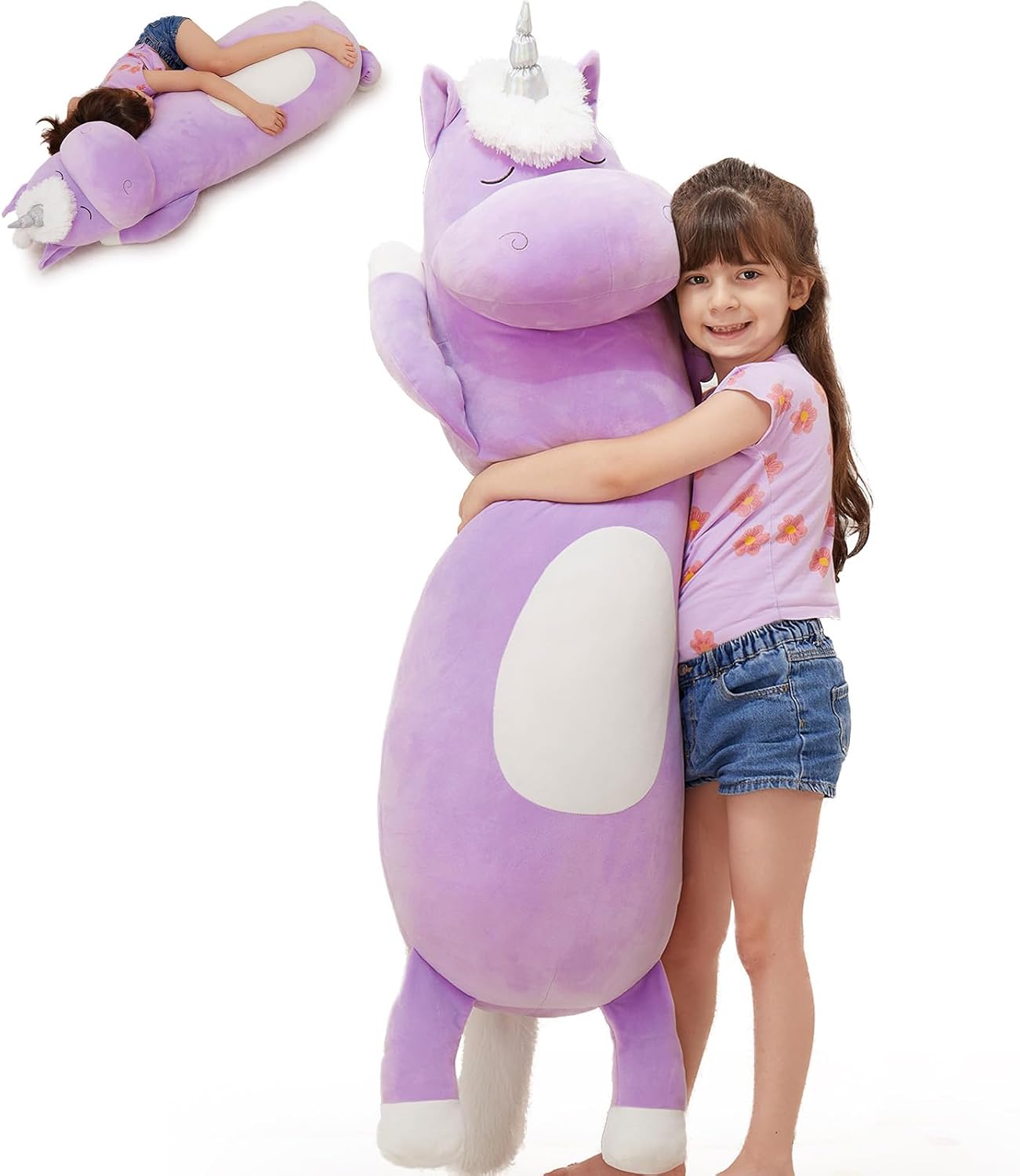 MorisMos Giant Plush Unicorn Body Pillow 4 Ft,51 in Long Purple Unicorn Stuffed Animal Body Pillow for Kid Girl Boy, Soft Big Hugging Toy…