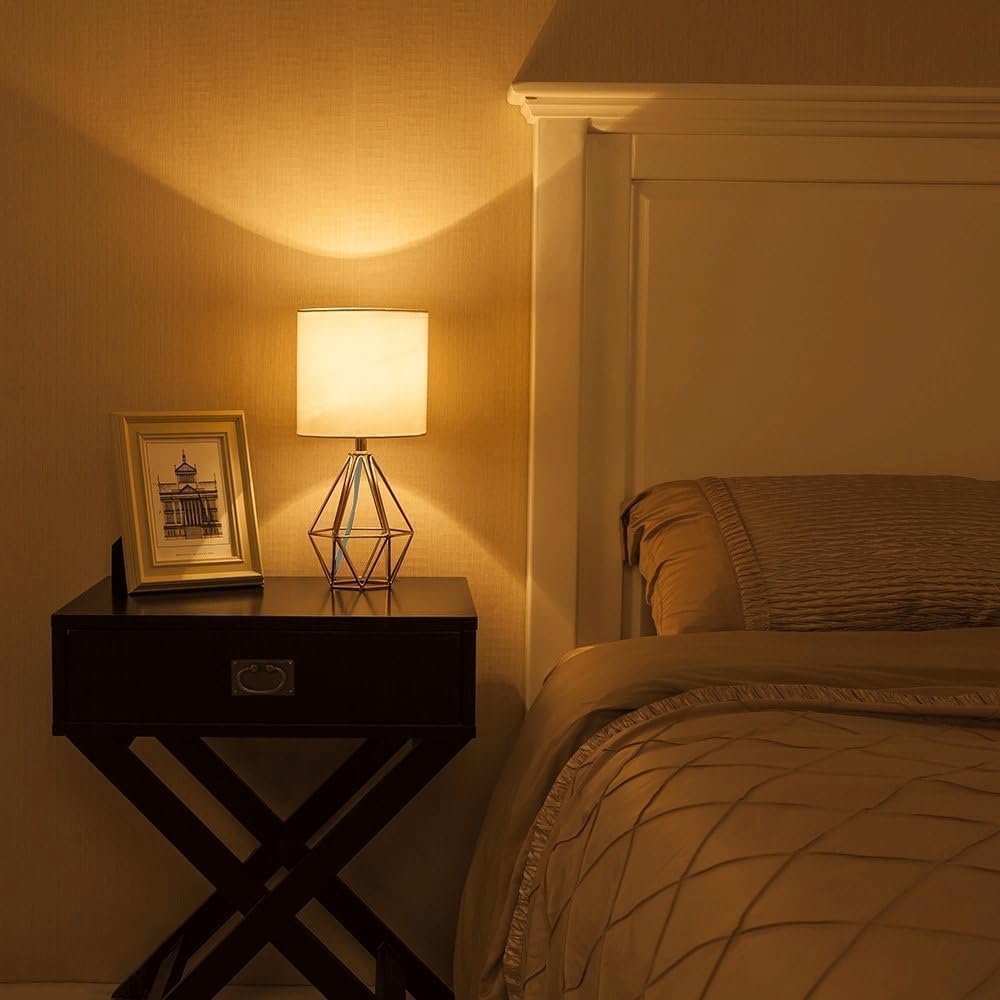 Gold Small Table Lamp Set of 2, Modern Bedside Nightstand Lamps with Geometric Metal Base White Fabric Shade, Cute Desk Lamp for Living…