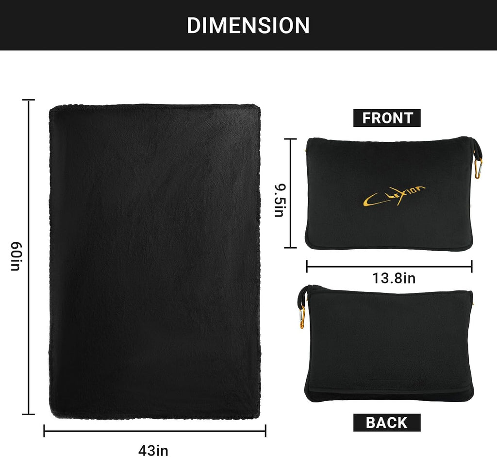 Airplane Travel Blanket with Pillow,300 GSM Soft Fleece Compact Blanket with Carry Bag, Lightweight Travel Blanket for Flights, Black
