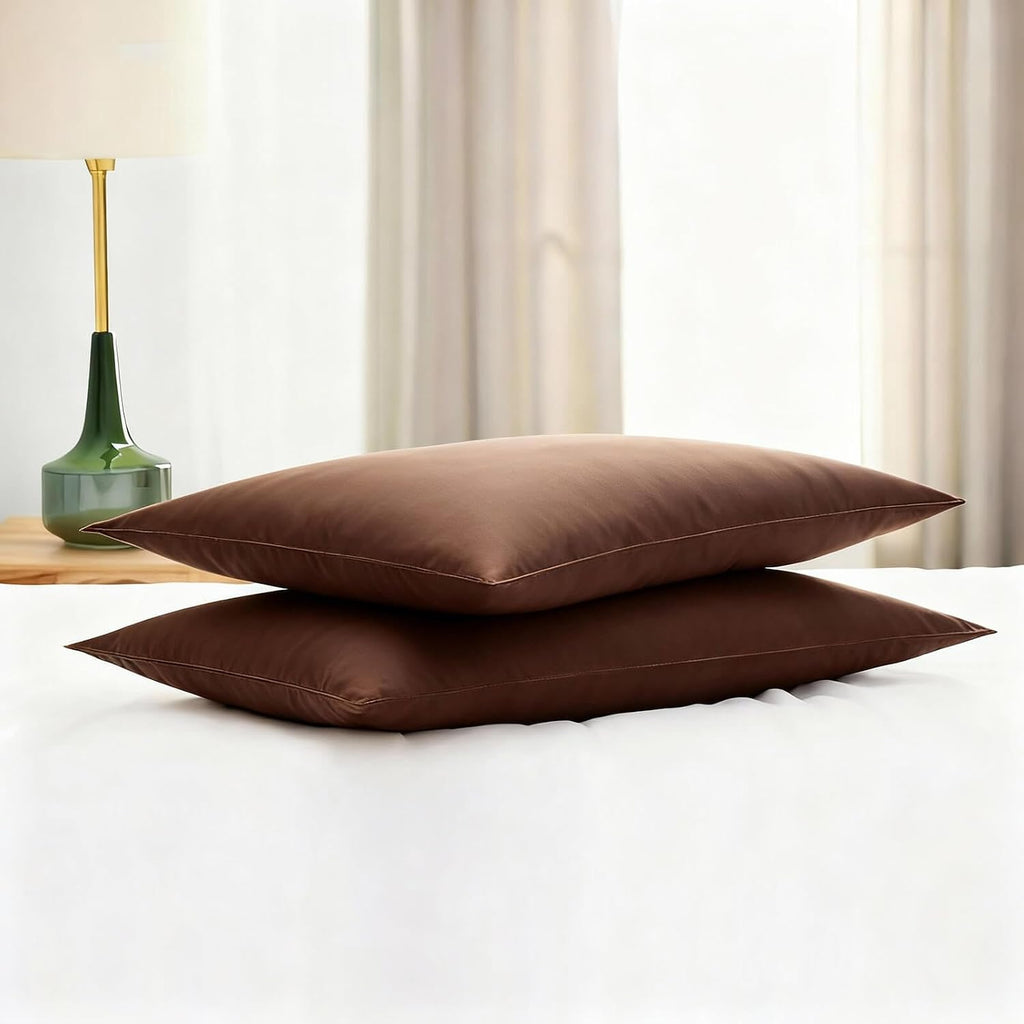 Flat Ultra Thin Bed Pillows Standard/Queen Size Pillow Set of 2 Extra Soft Down Alternative for Stomach Back Sleeper Coffee Brown