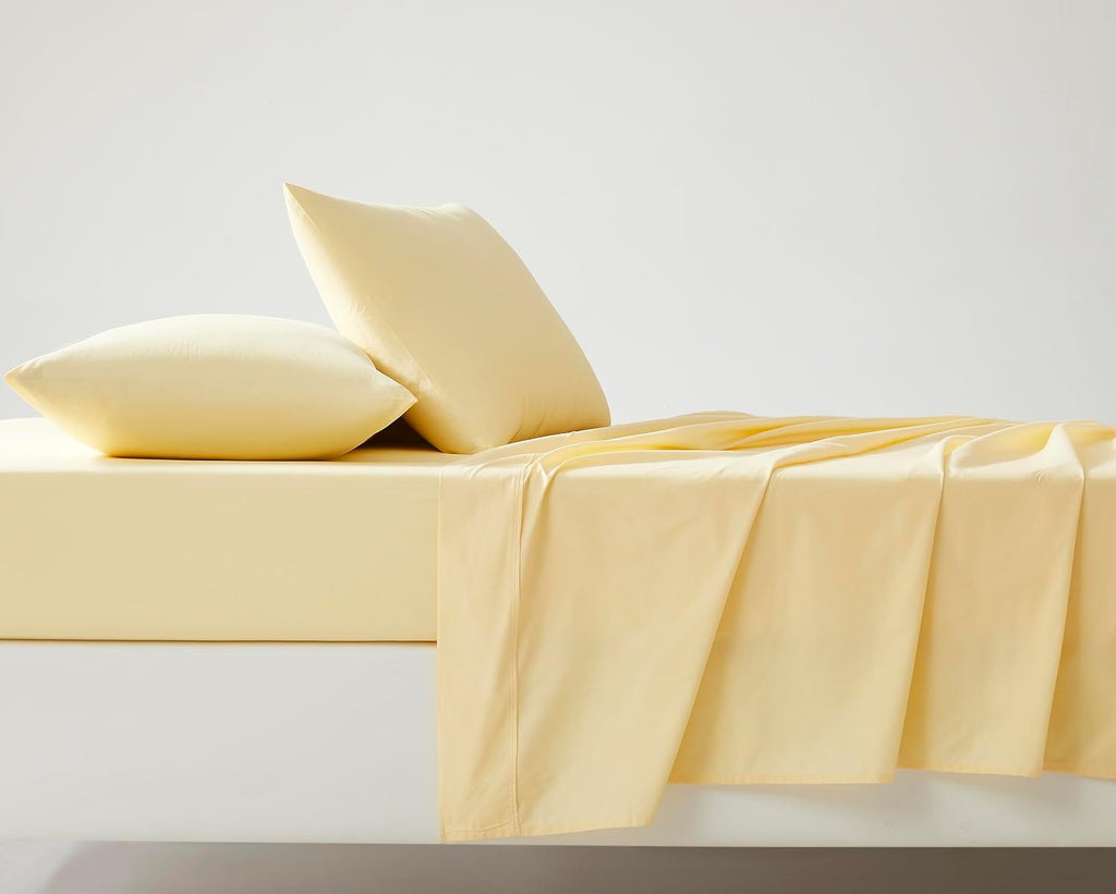 Linen Closet 3 Pcs 100% Cotton Twin Sheets Set, Lt Yellow, 400 Thread Count, Percale Weave, Deep Pocket Fitted Sheet, Fits Up To 18"…