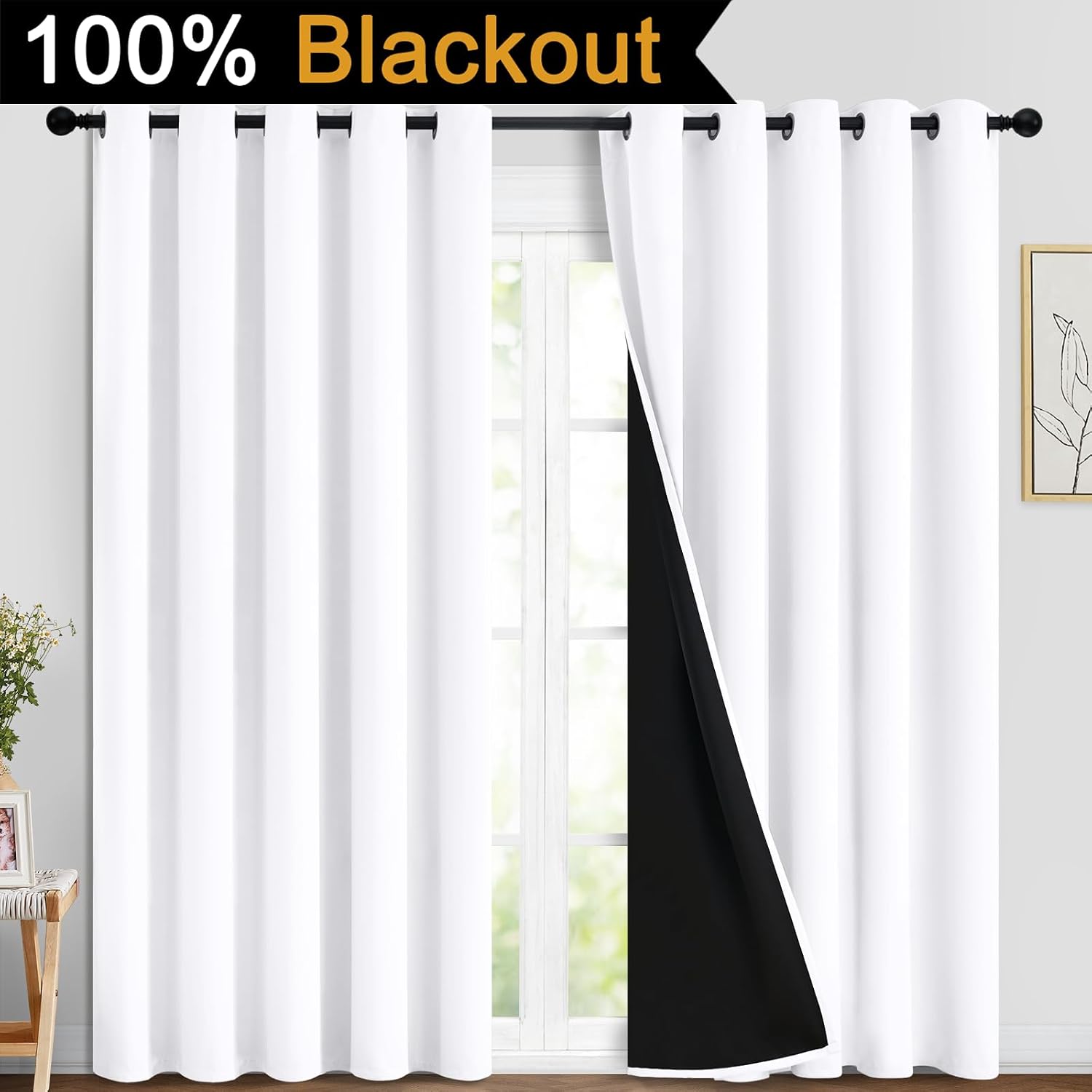 Yakamok Pure White 100% Blackout Curtains, 2 Thick Layers Completely Blackout Curtains Thermal Insulated Noise Reducing Drapes for Bedroom(…
