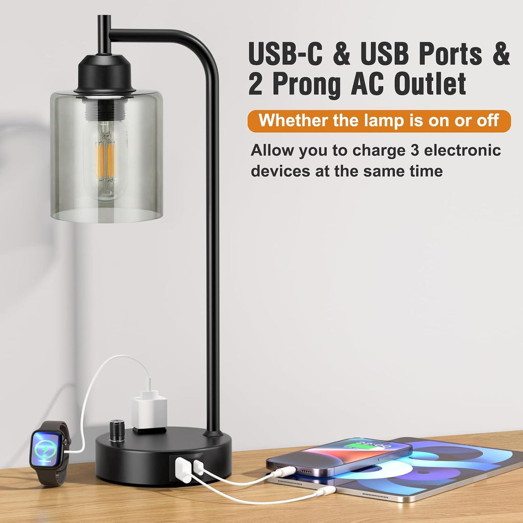 Industrial Desk Lamps for Office Set of 2 - Fully Dimmable Bedside Lamps with USB A C Ports and Outlet, Black Nightstand Lamps with Grey…