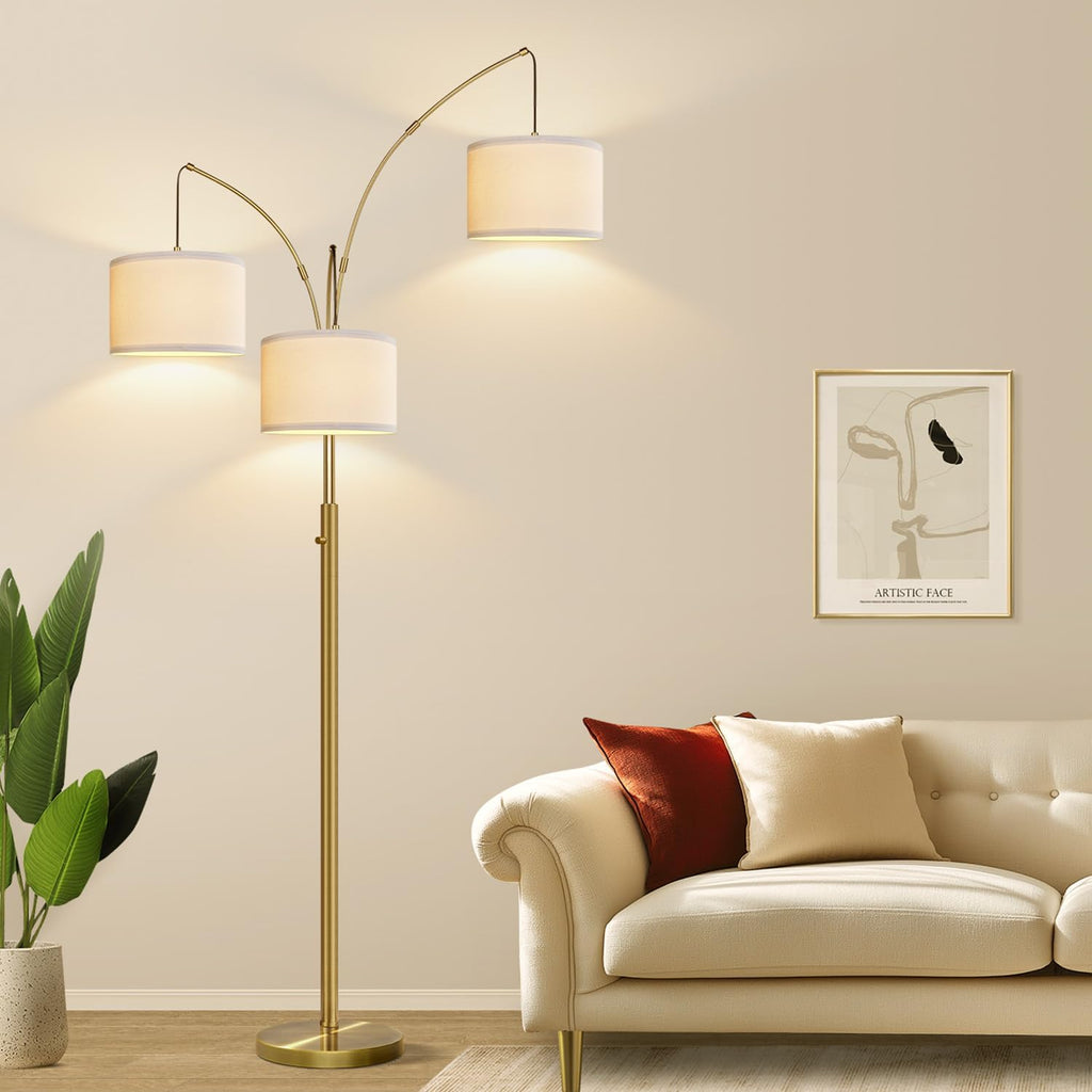 Dimmable Floor Lamp, 3 Light Brass Arc Floor Lamp, Modern Tall Standing Tree Lamp with White Linen Shades & Heavy Base, 3000LM LED Bulbs…
